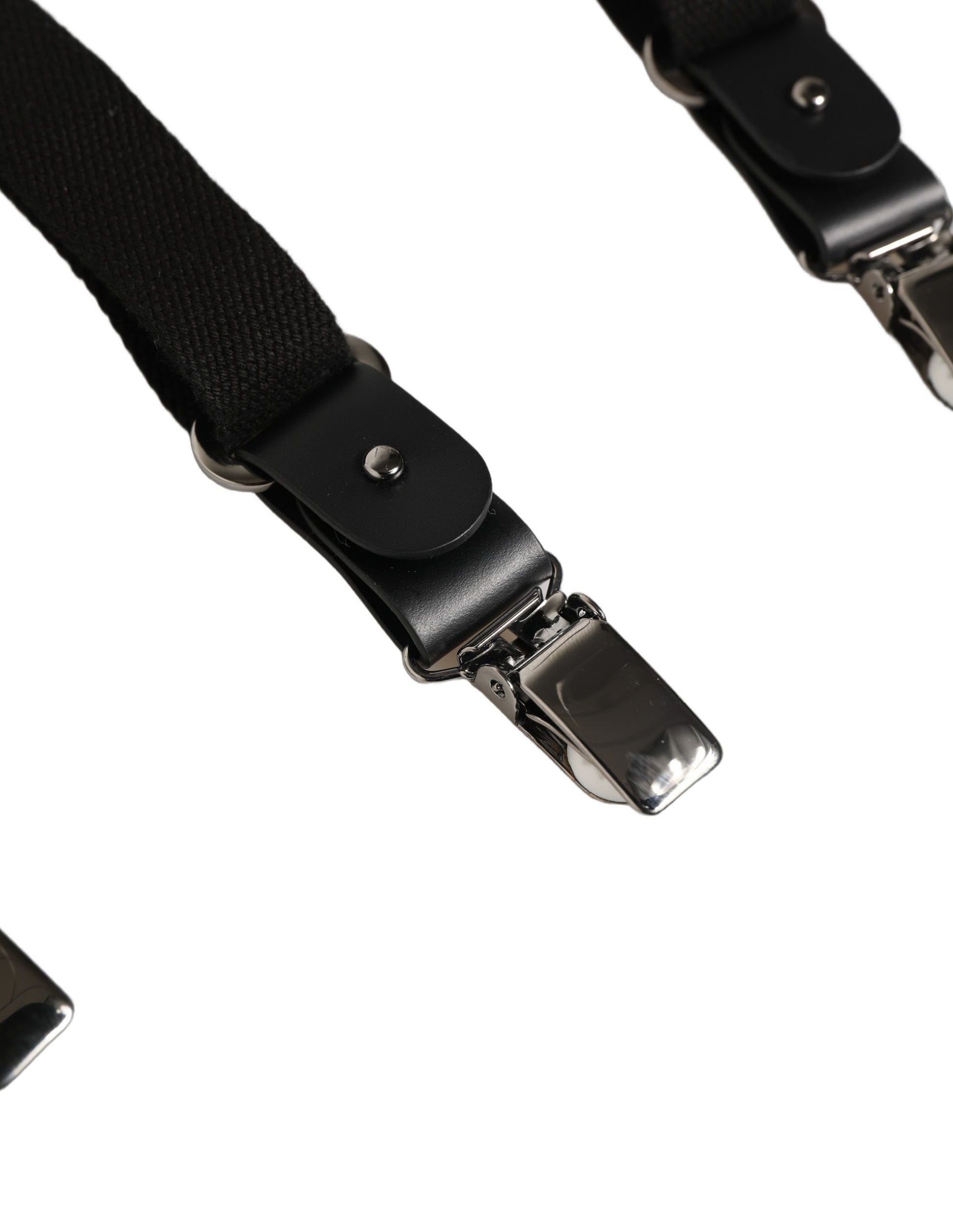 Bretelles Dolce & Gabbana en coton noir et cuir avec élastique, dos en Y et pinces métalliques