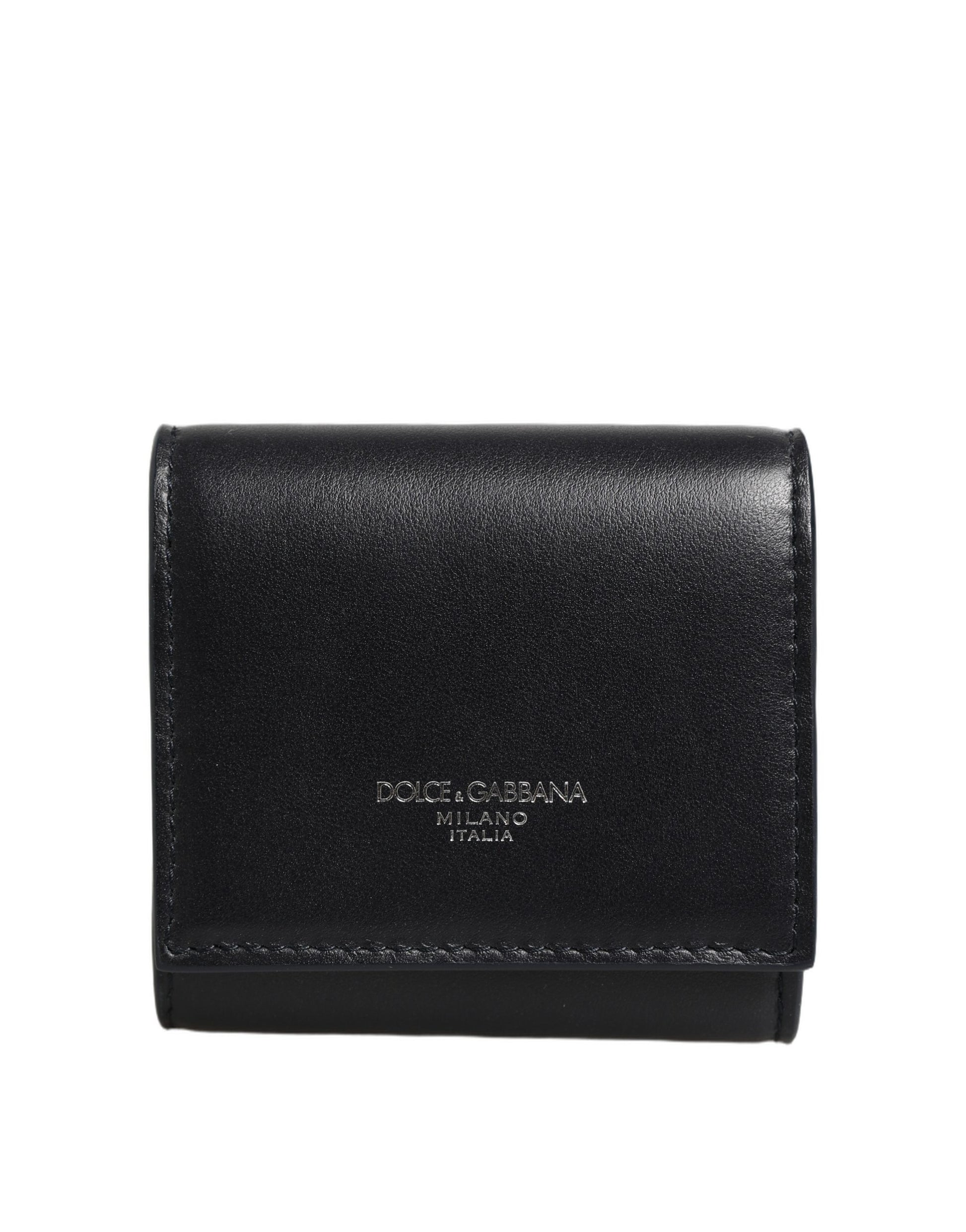 Portefeuille bifold à monnaie en cuir de veau noir imprimé logo Dolce & Gabbana
