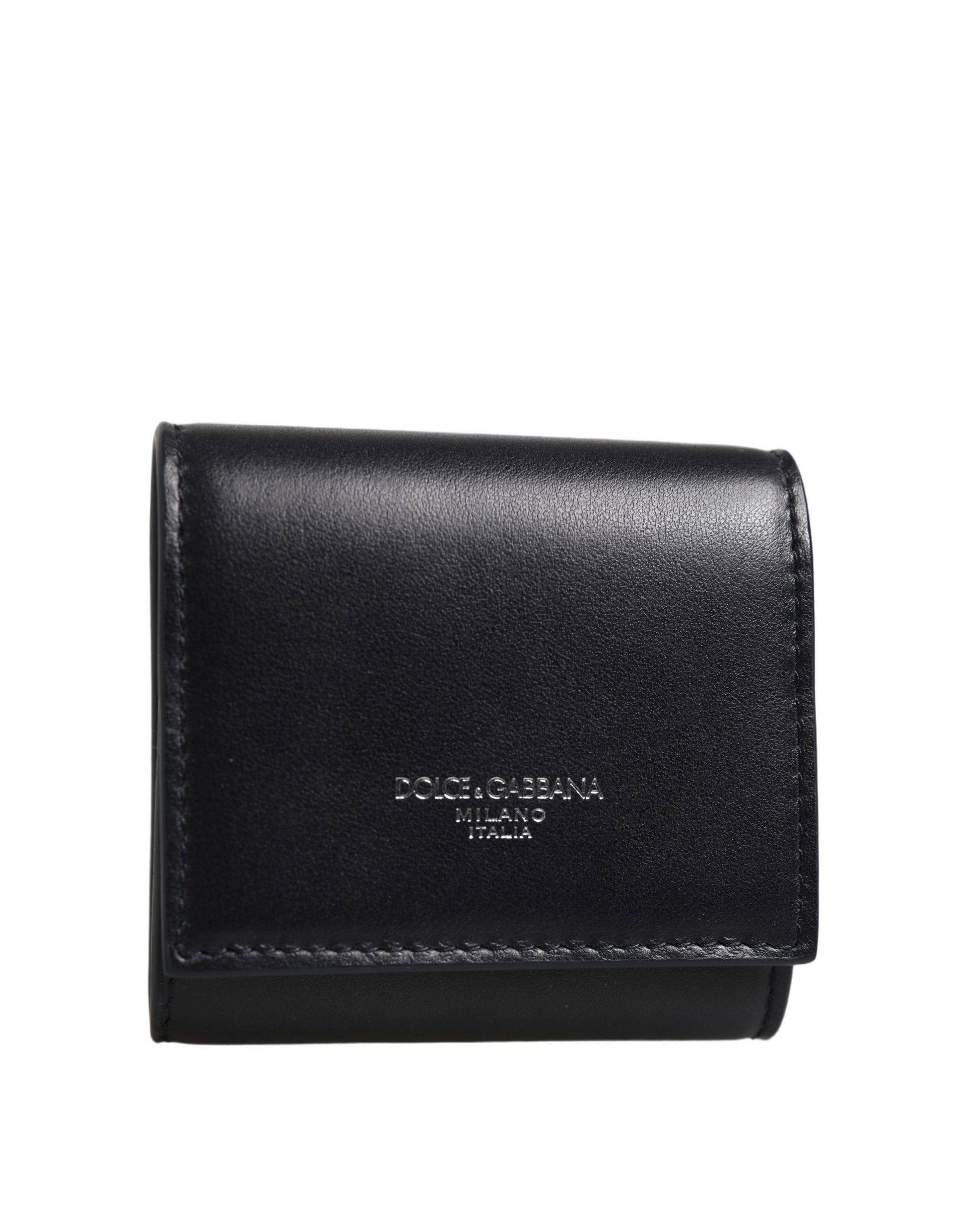 Portefeuille bifold à monnaie en cuir de veau noir imprimé logo Dolce & Gabbana
