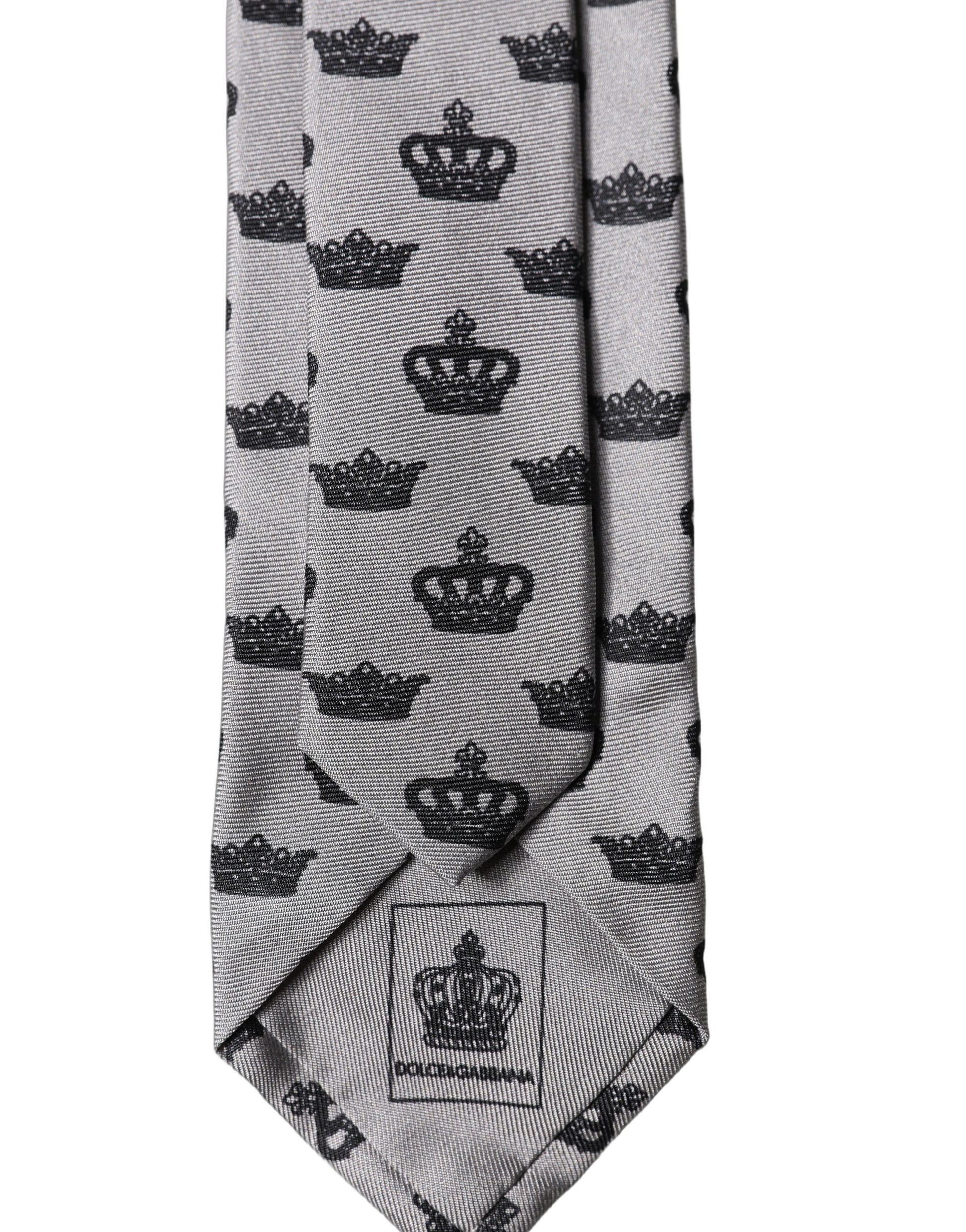 Cravate en soie grise ajustable à nouer pour homme Dolce & Gabbana motif Couronne Fantaisie