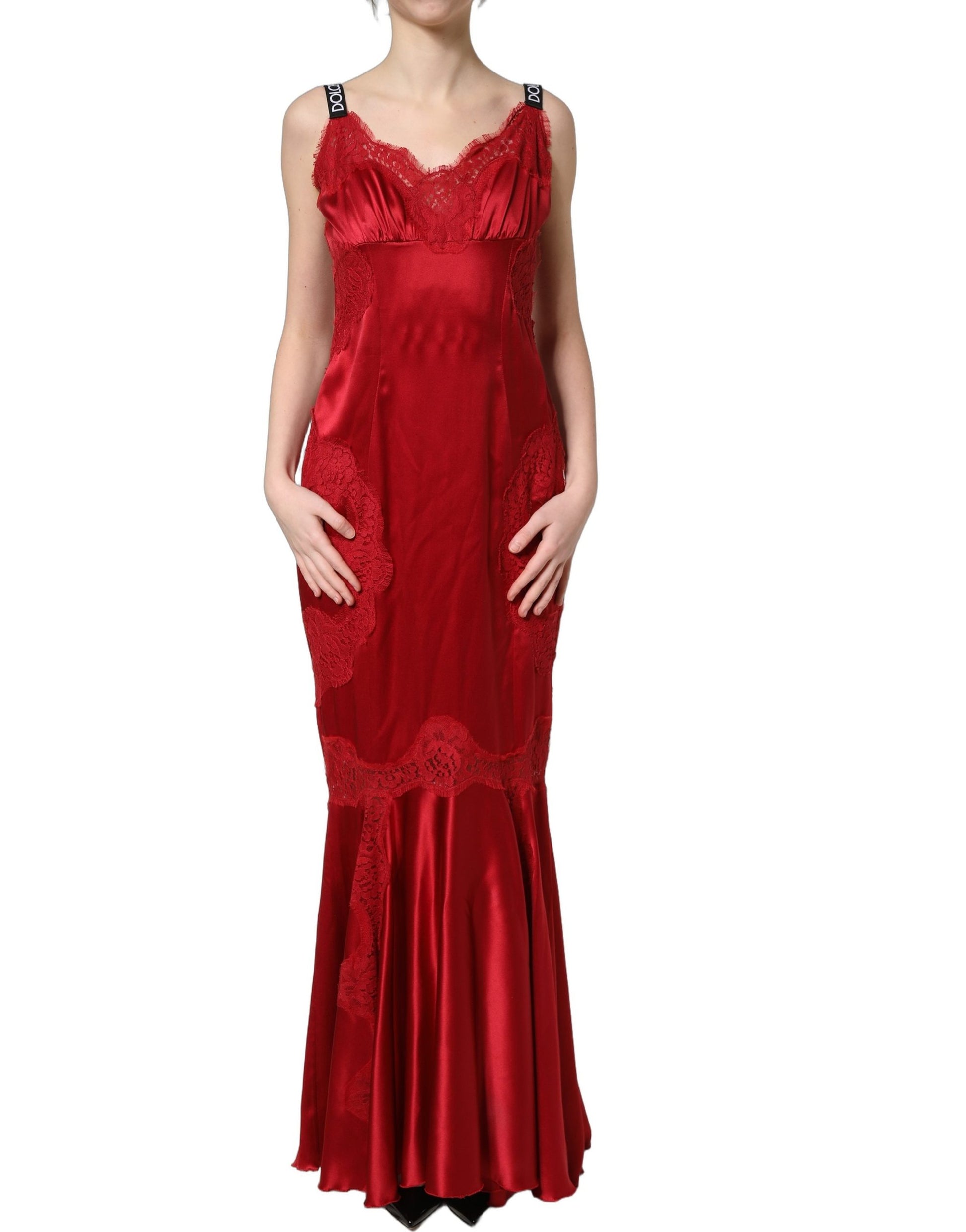 Robe longue Dolce & Gabbana en soie rouge sans manches avec dentelle