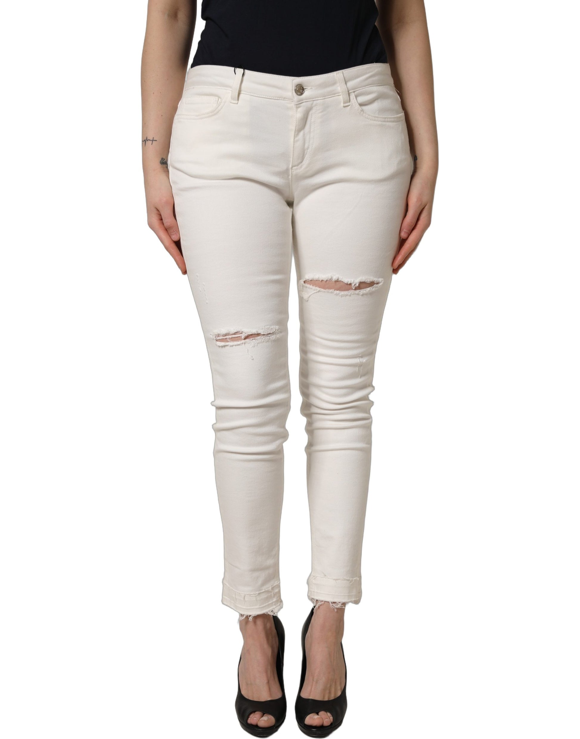 Jean slim en denim de coton blanc déchiré Dolce & Gabbana