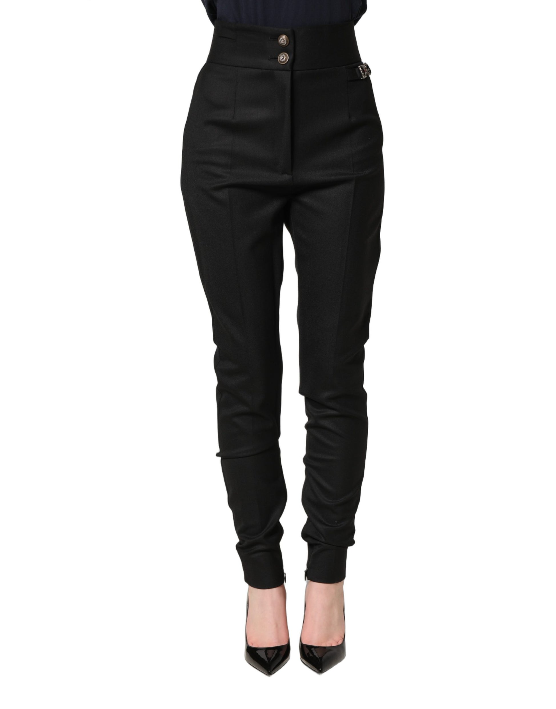 Pantalon taille haute à logo en laine noire Dolce & Gabbana