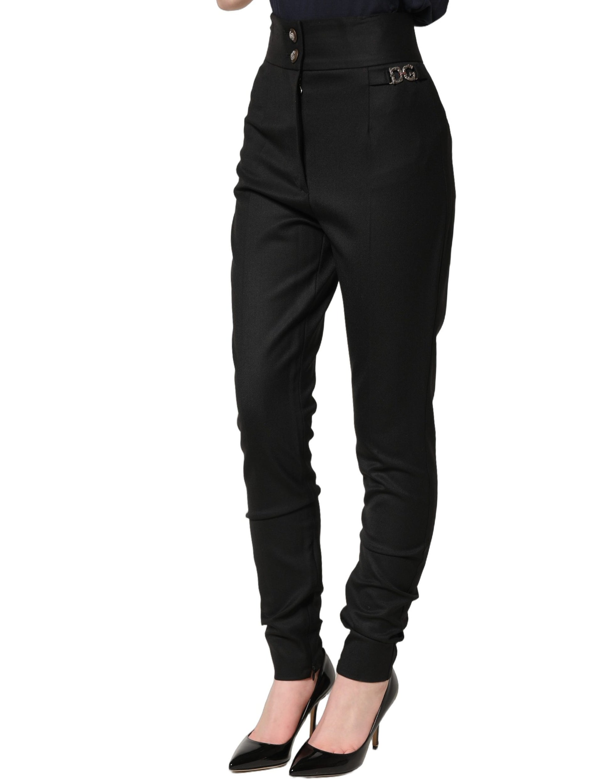 Pantalon taille haute à logo en laine noire Dolce & Gabbana