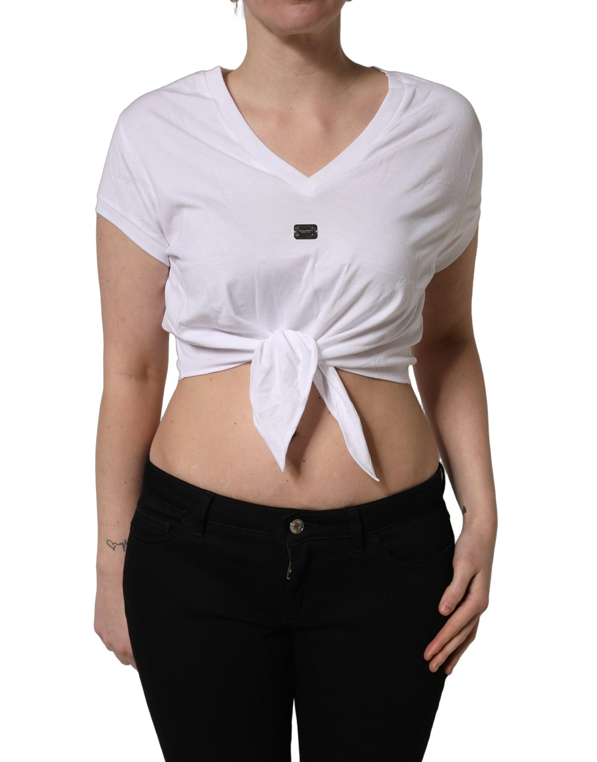 Haut court Dolce & Gabbana blanc brodé logo avec nœud à la taille