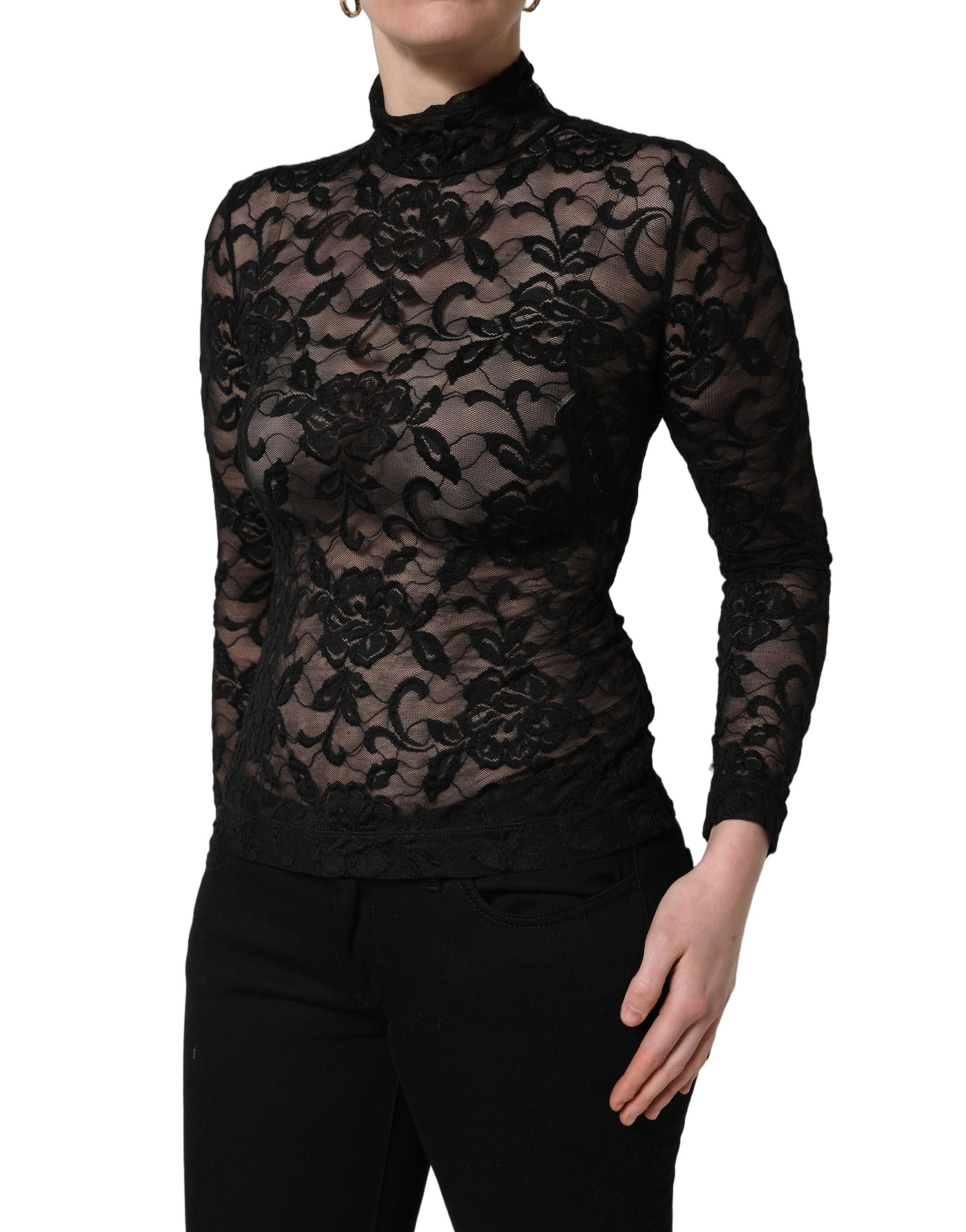 Dolce & Gabbana Black Floral Lace Turtle Neck Long Sleeve Top