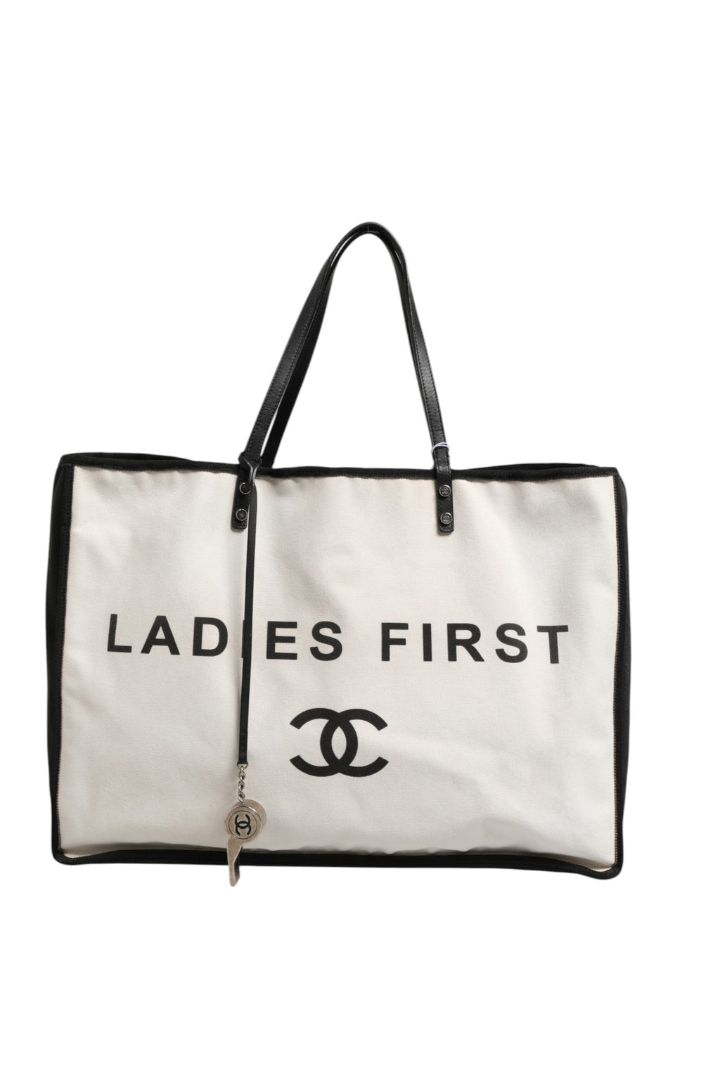 Sac cabas shopper Chanel Ladies First en toile blanche et noire