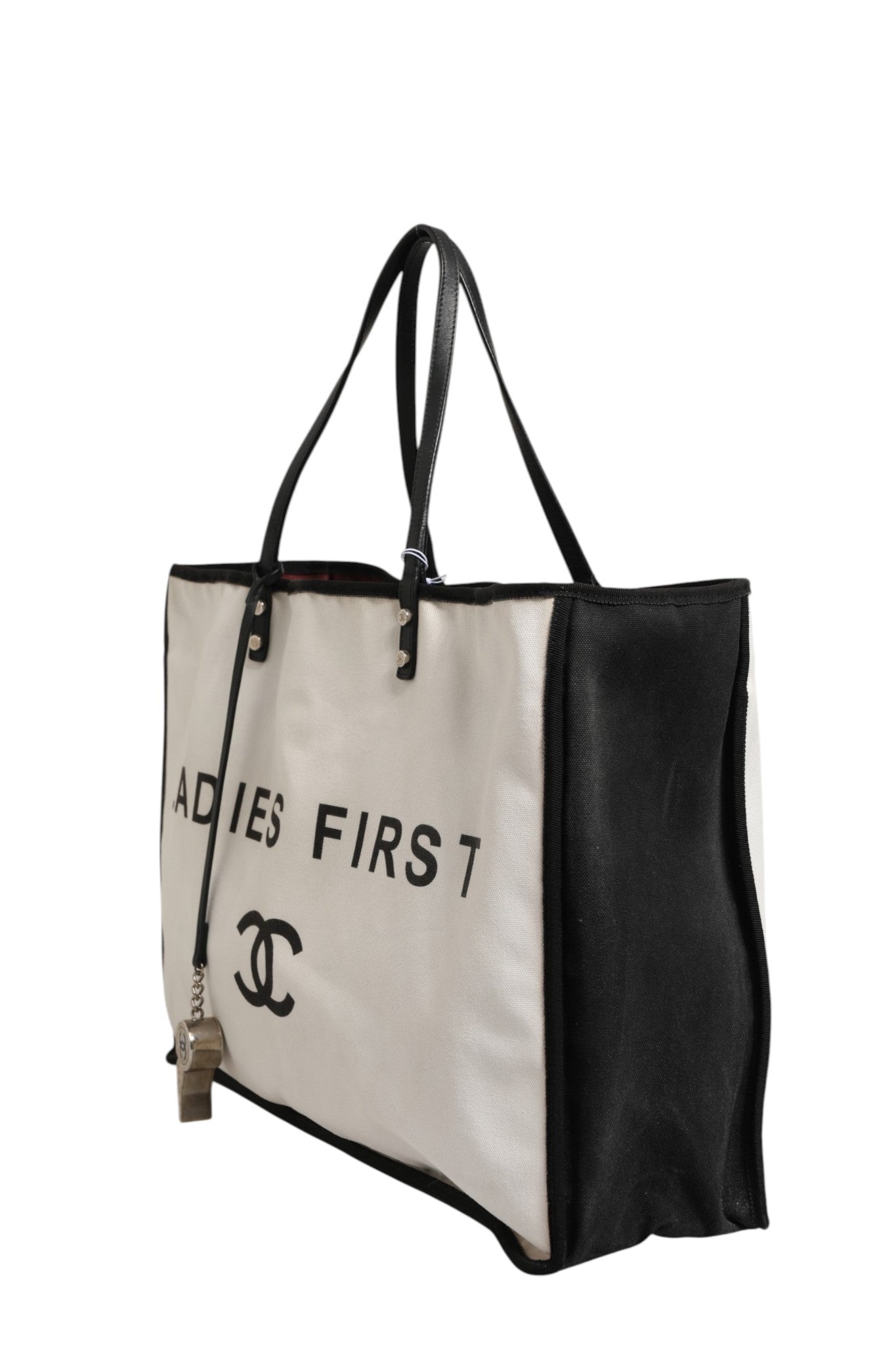 Sac cabas shopper Chanel Ladies First en toile blanche et noire