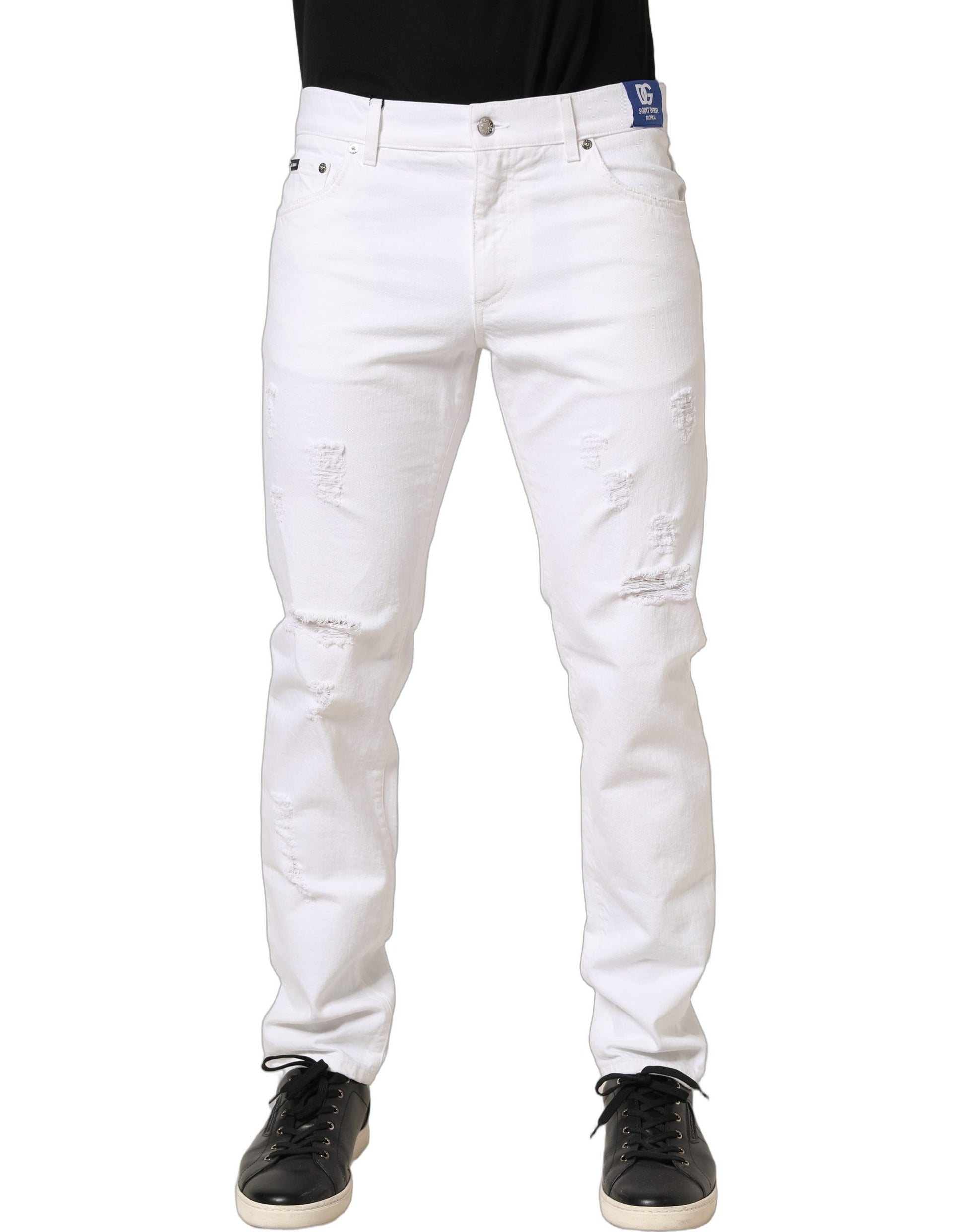 Dolce & Gabbana Jean Slim Homme Blanc Coton Délavé et Délacé