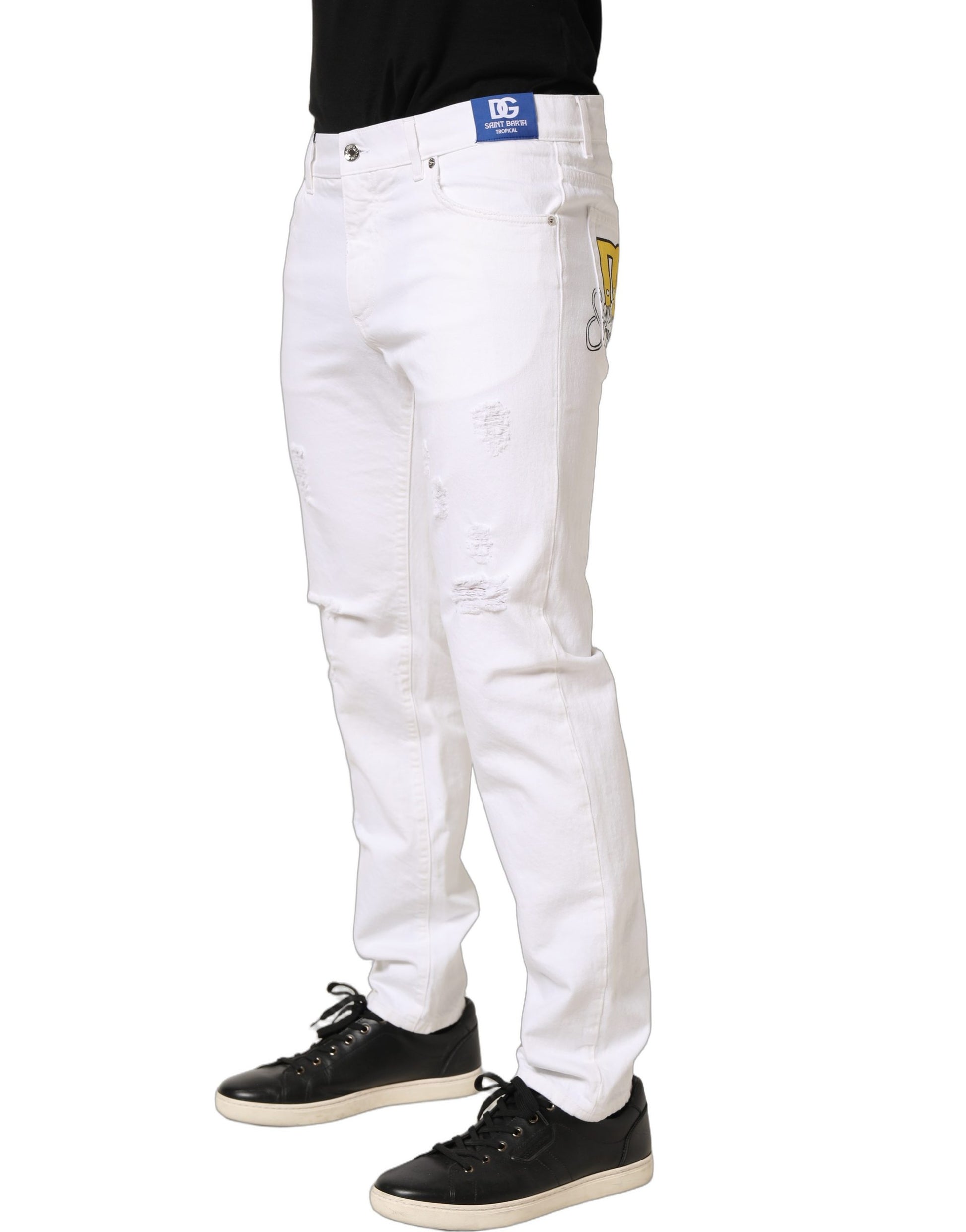 Dolce & Gabbana Jean Slim Homme Blanc Coton Délavé et Délacé