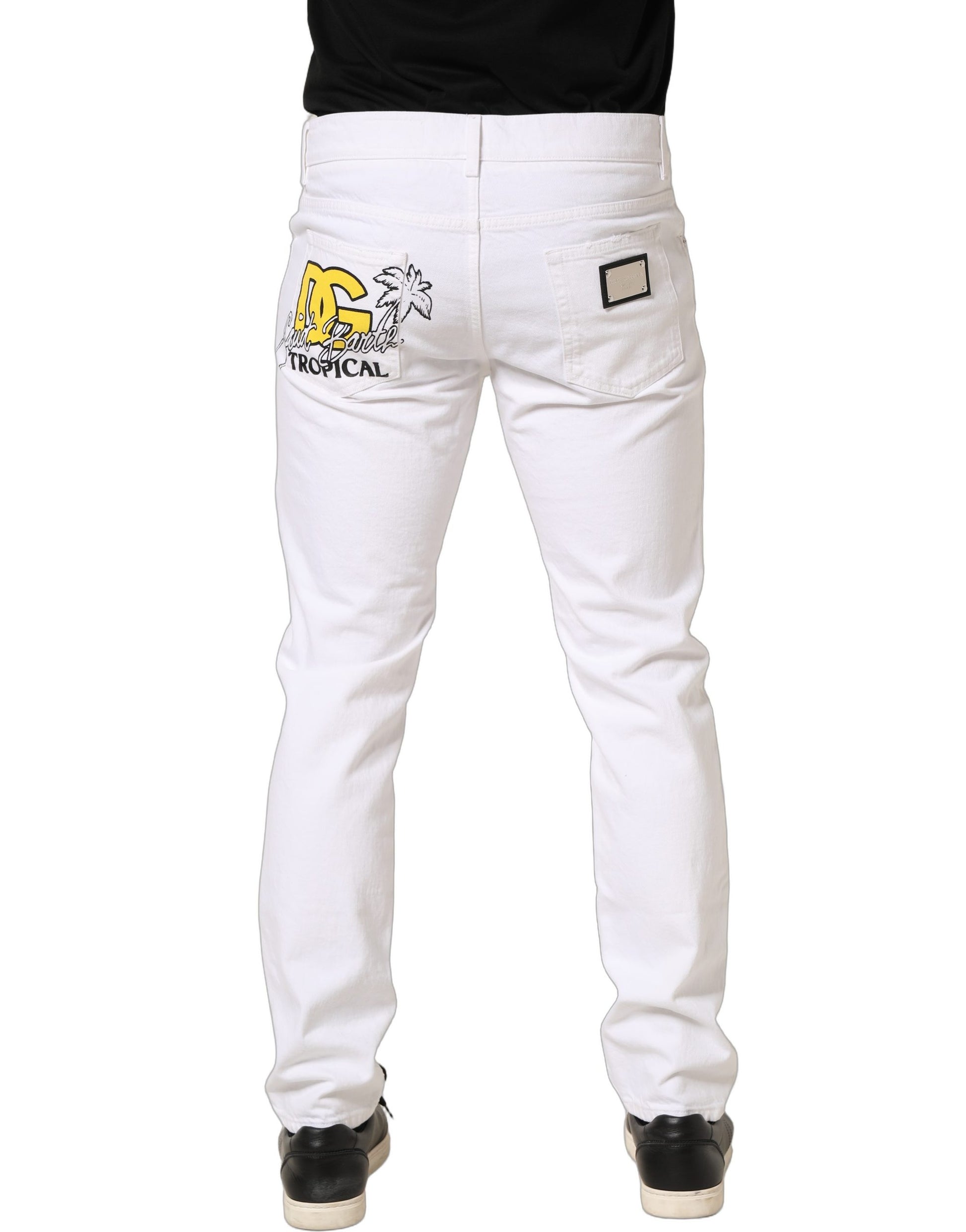 Dolce & Gabbana Jean Slim Homme Blanc Coton Délavé et Délacé