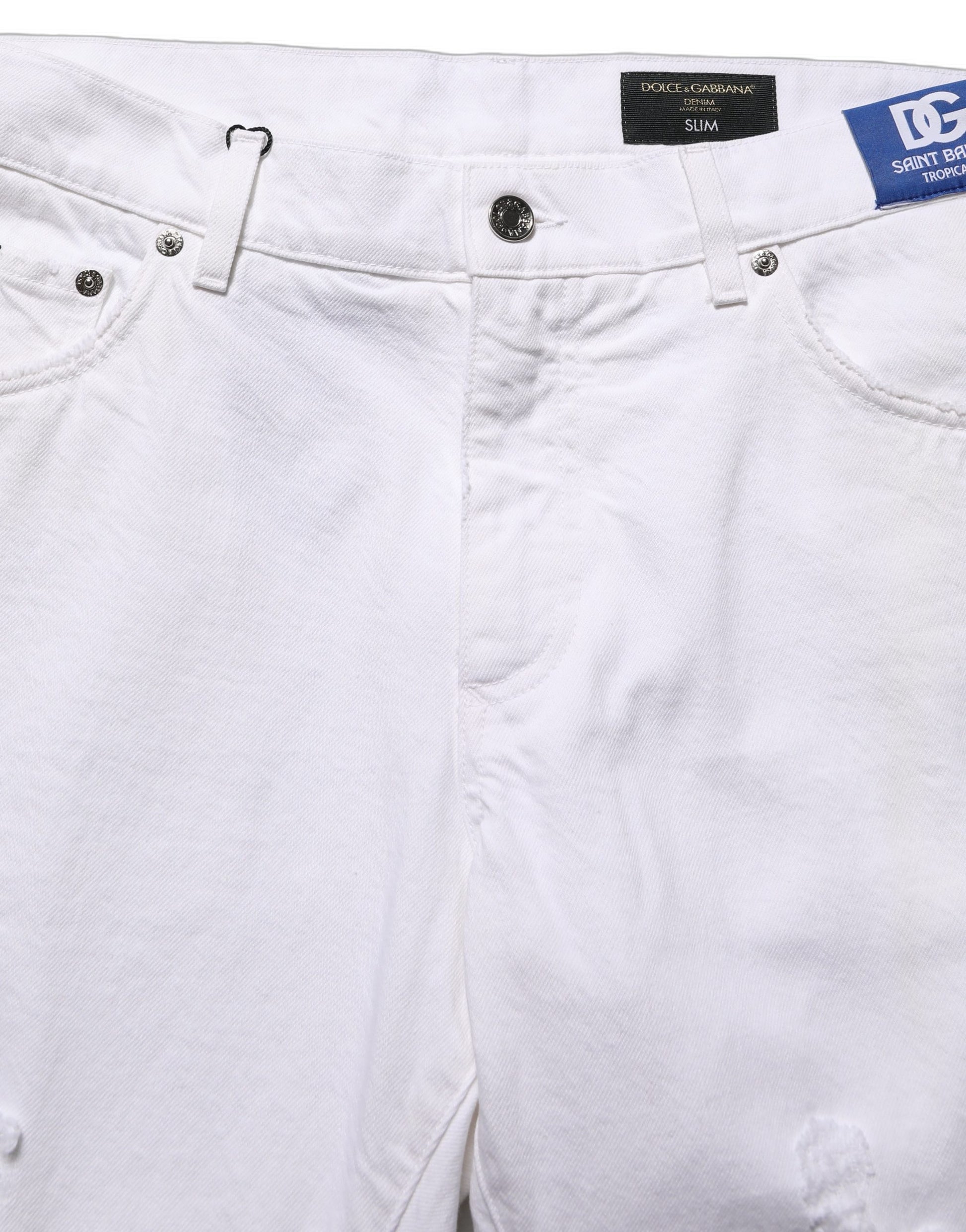 Dolce & Gabbana Jean Slim Homme Blanc Coton Délavé et Délacé
