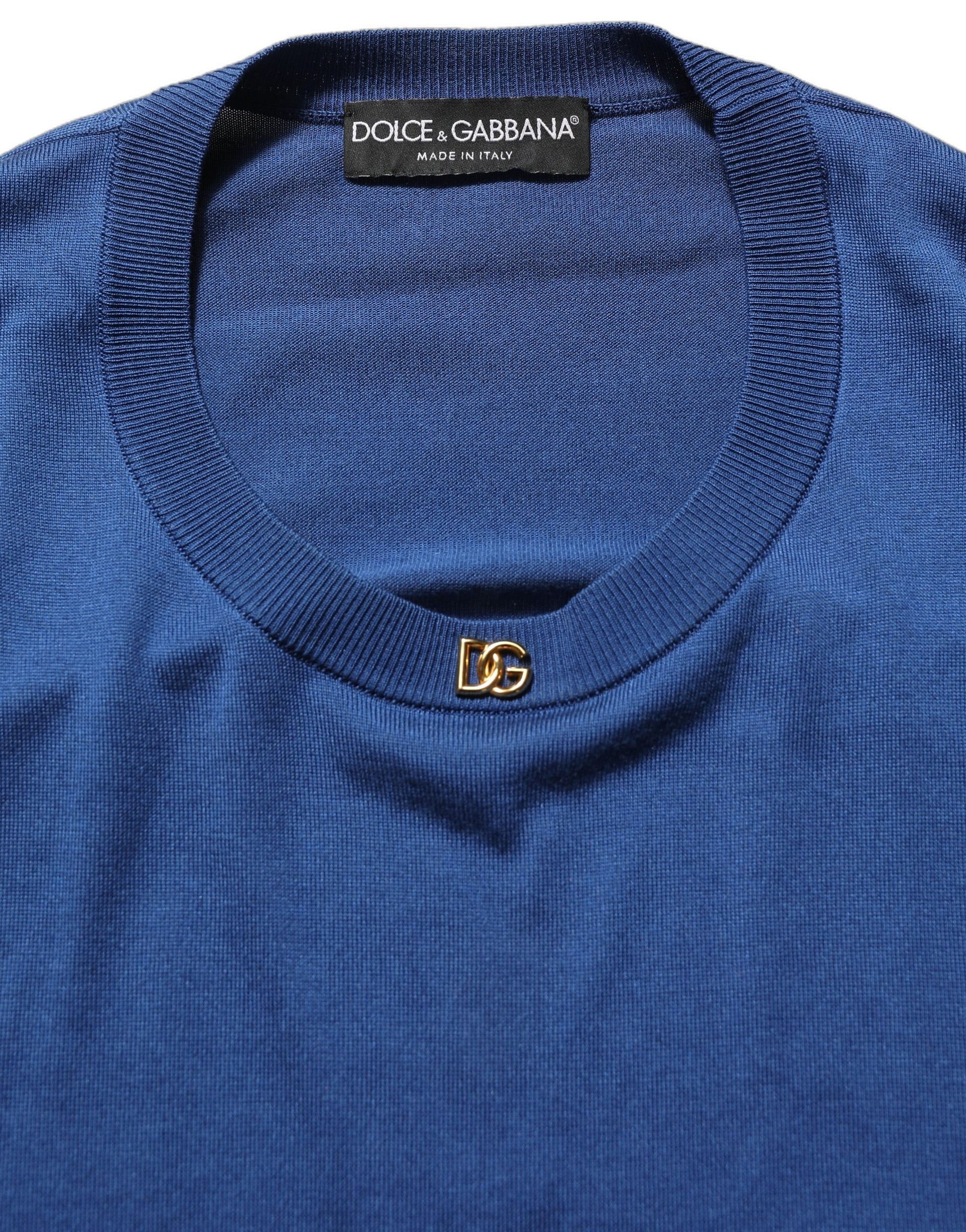 Dolce & Gabbana Blue Silk DG Logo Crew Neck Pullover Sweater