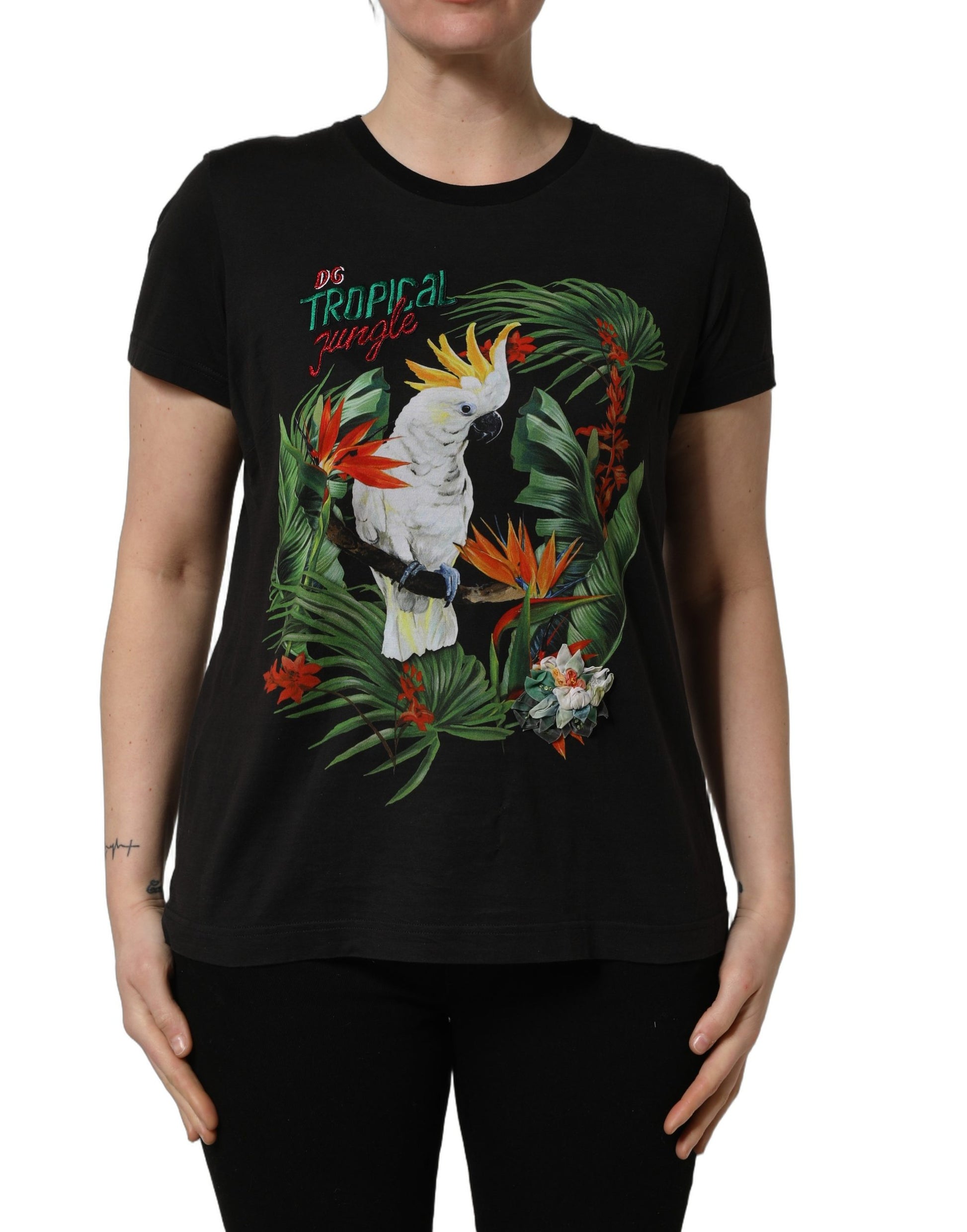T-shirt Dolce & Gabbana noir col rond imprimé jungle tropicale