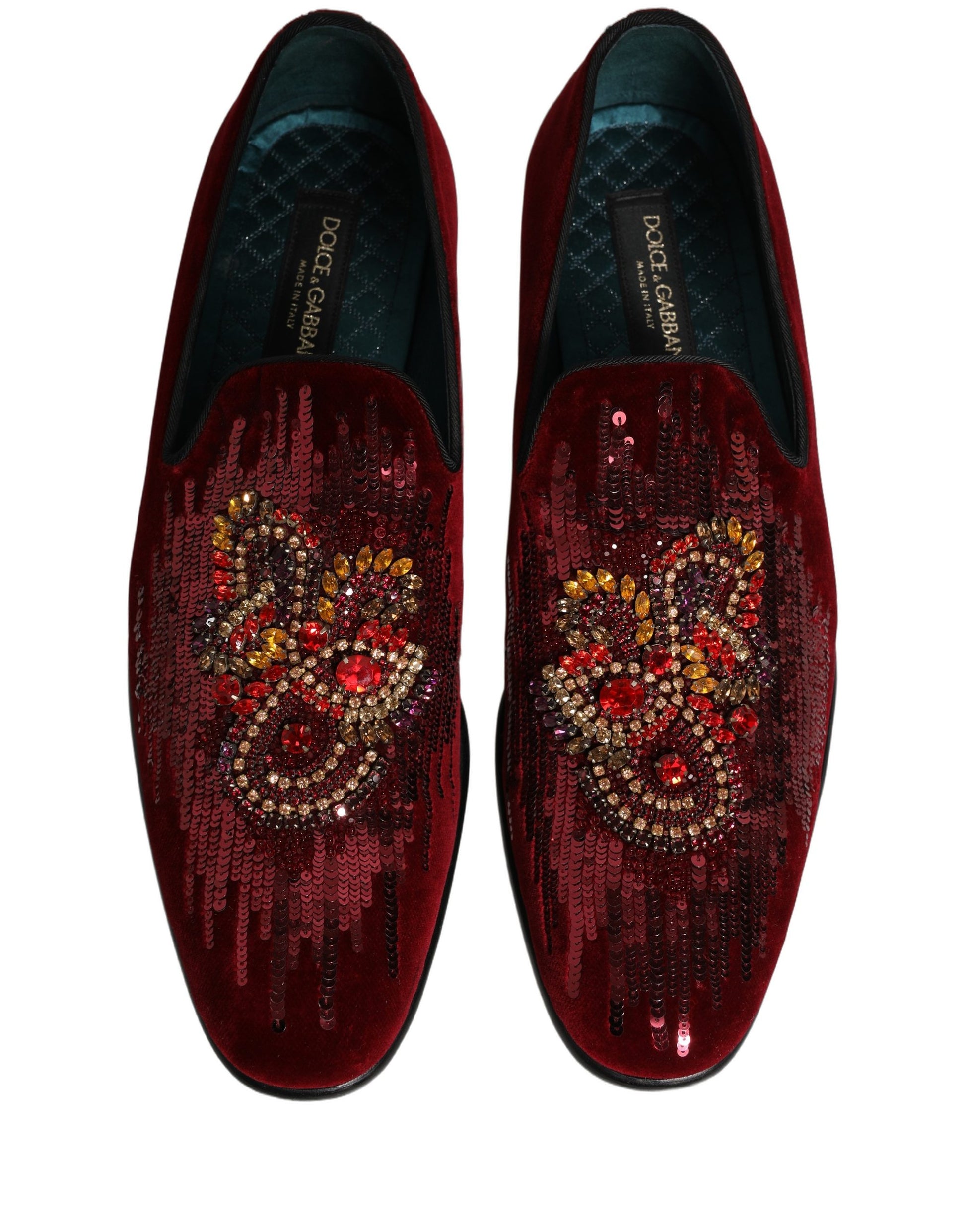Dolce & Gabbana Maroon Sequin Gemstone Dress Loafers Shoes