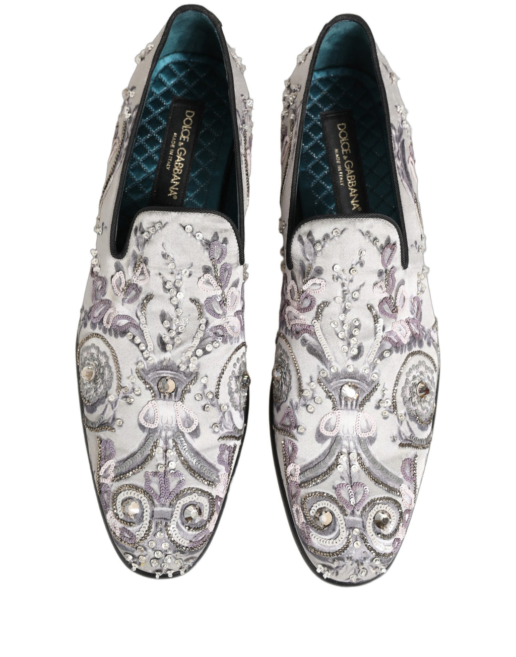 Chaussures mocassins à enfiler Dolce & Gabbana blancs à paillettes
