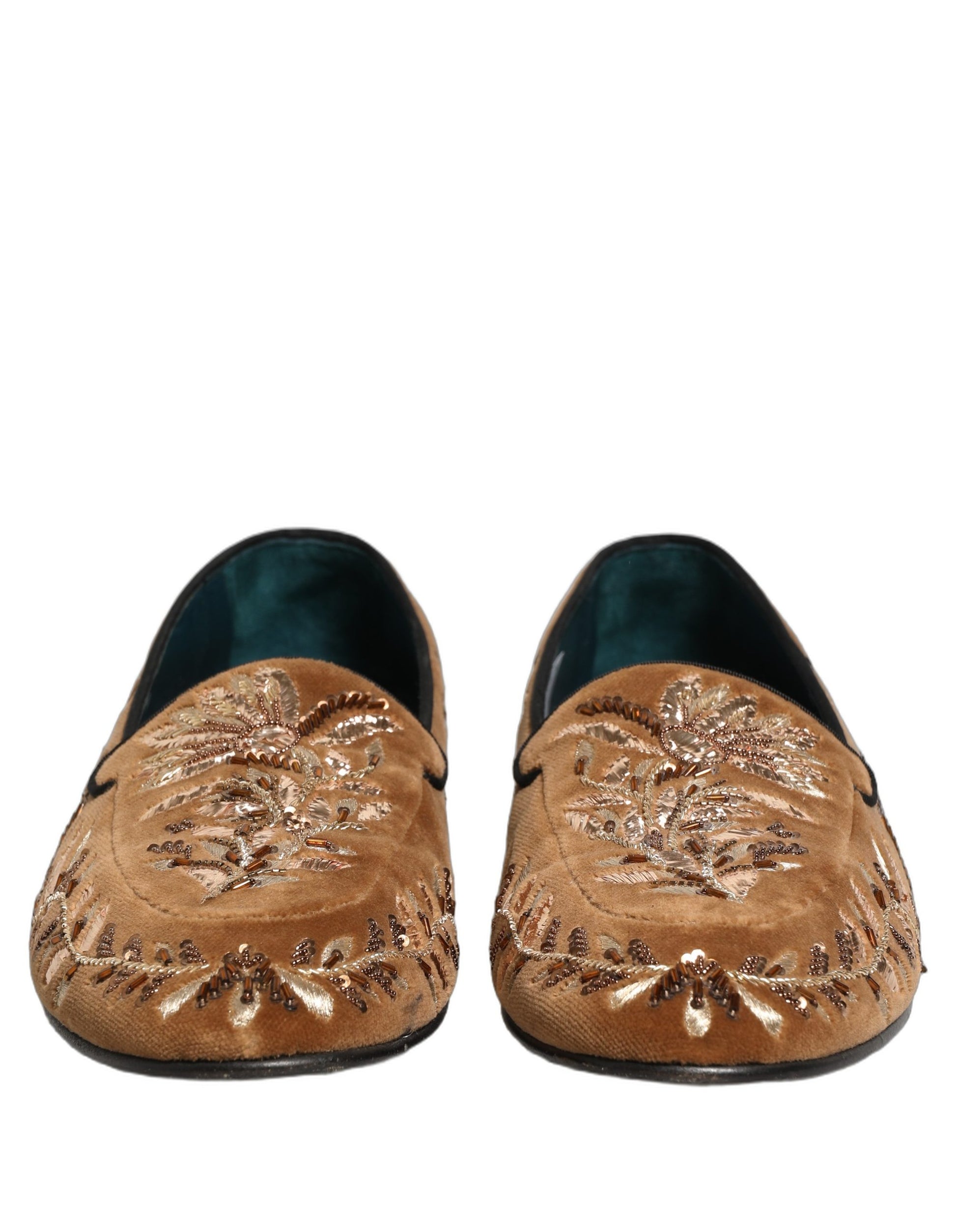 Dolce & Gabbana Brown Velvet Floral Embroidery Loafers Shoes