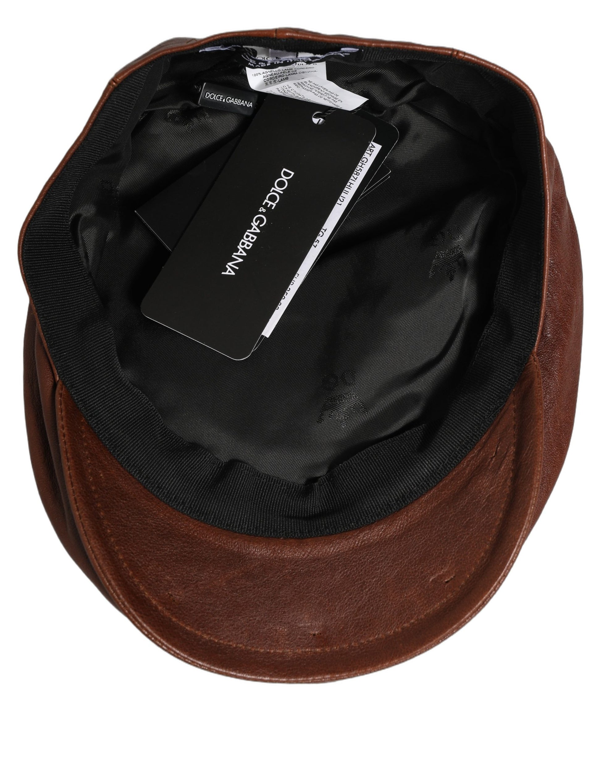 Dolce & Gabbana Casquette Plate Homme en Cuir d'Agneau Marron