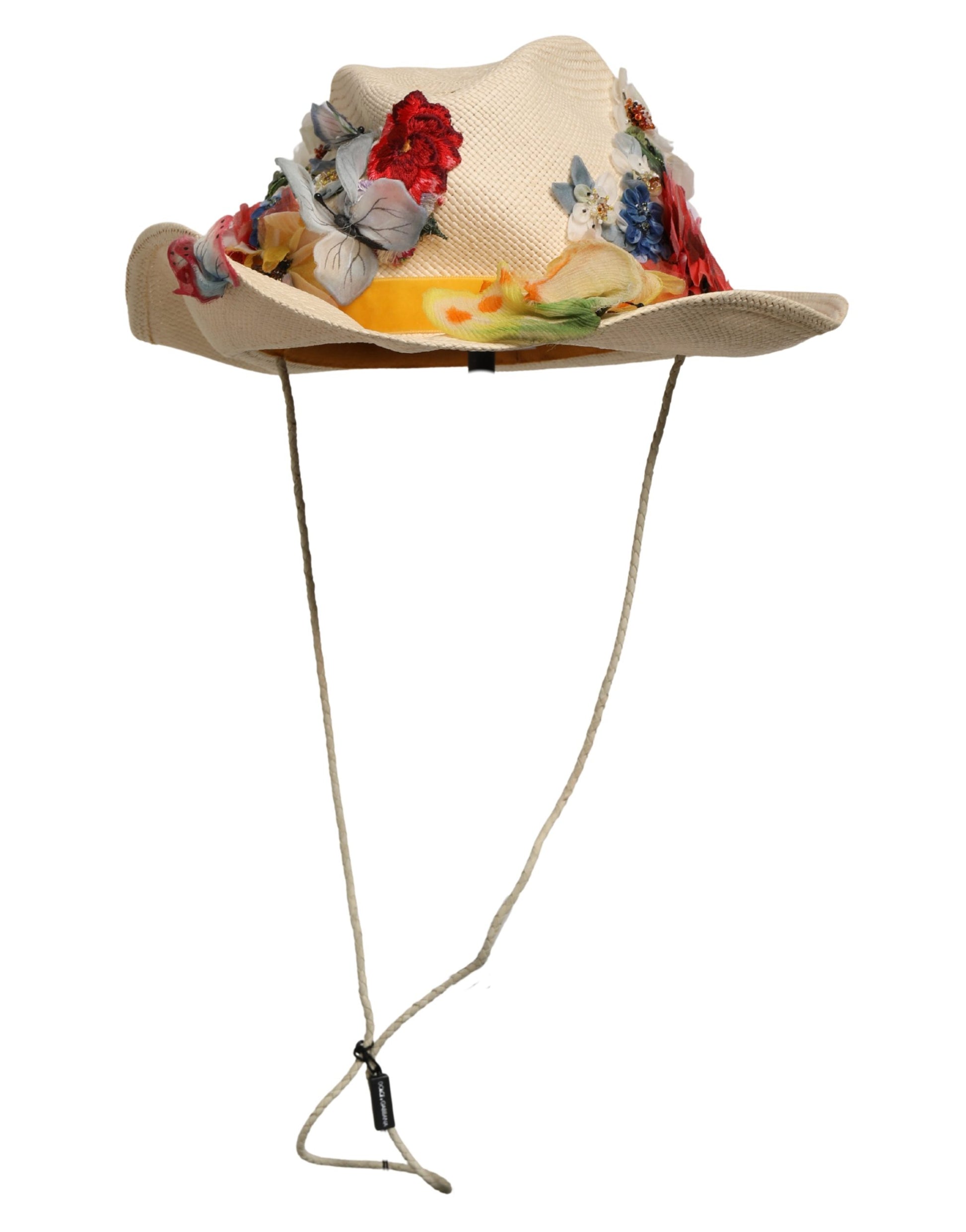 Chapeau Bob en Paille Beige à Appliques Florales Dolce & Gabbana Femme