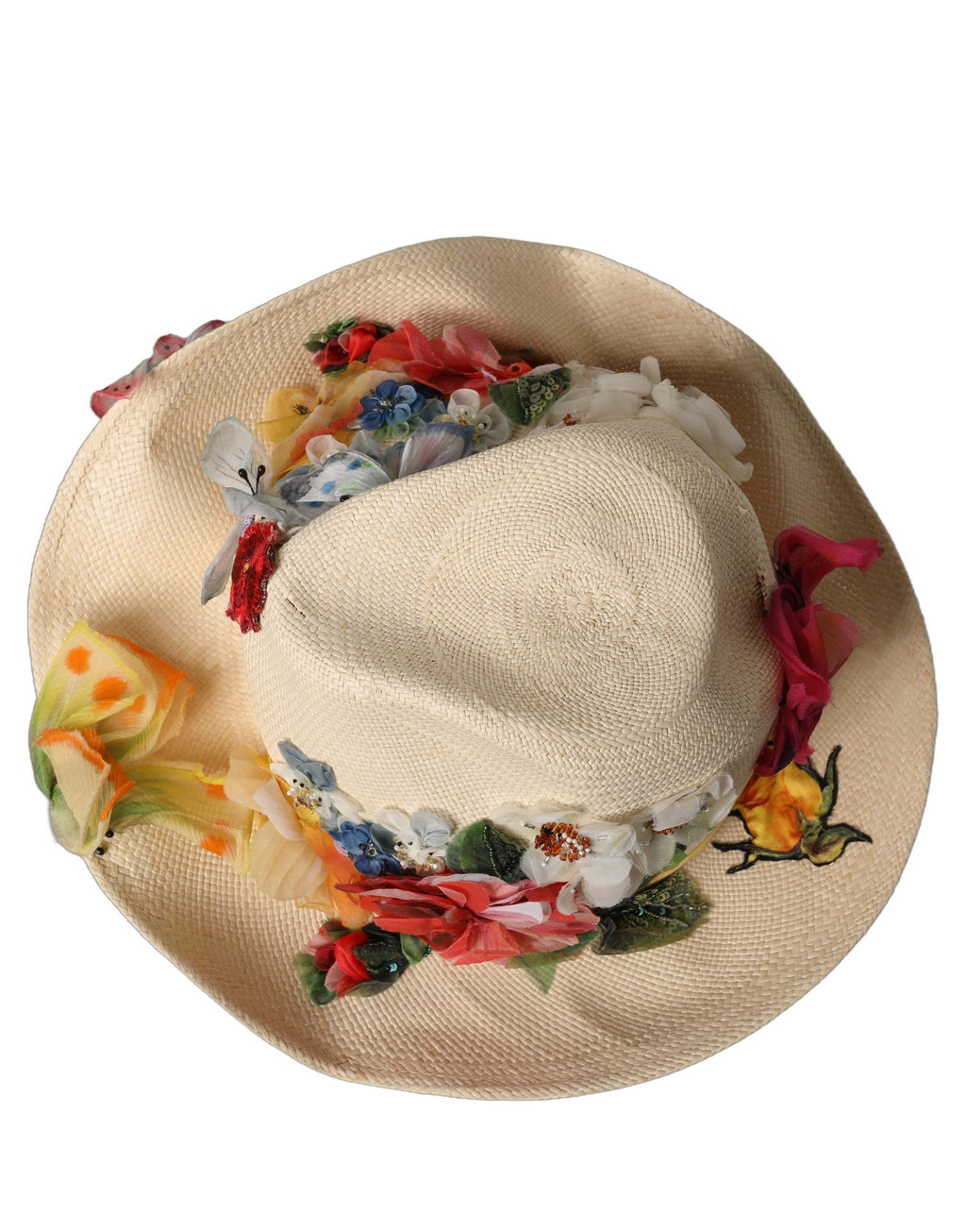 Chapeau Bob en Paille Beige à Appliques Florales Dolce & Gabbana Femme