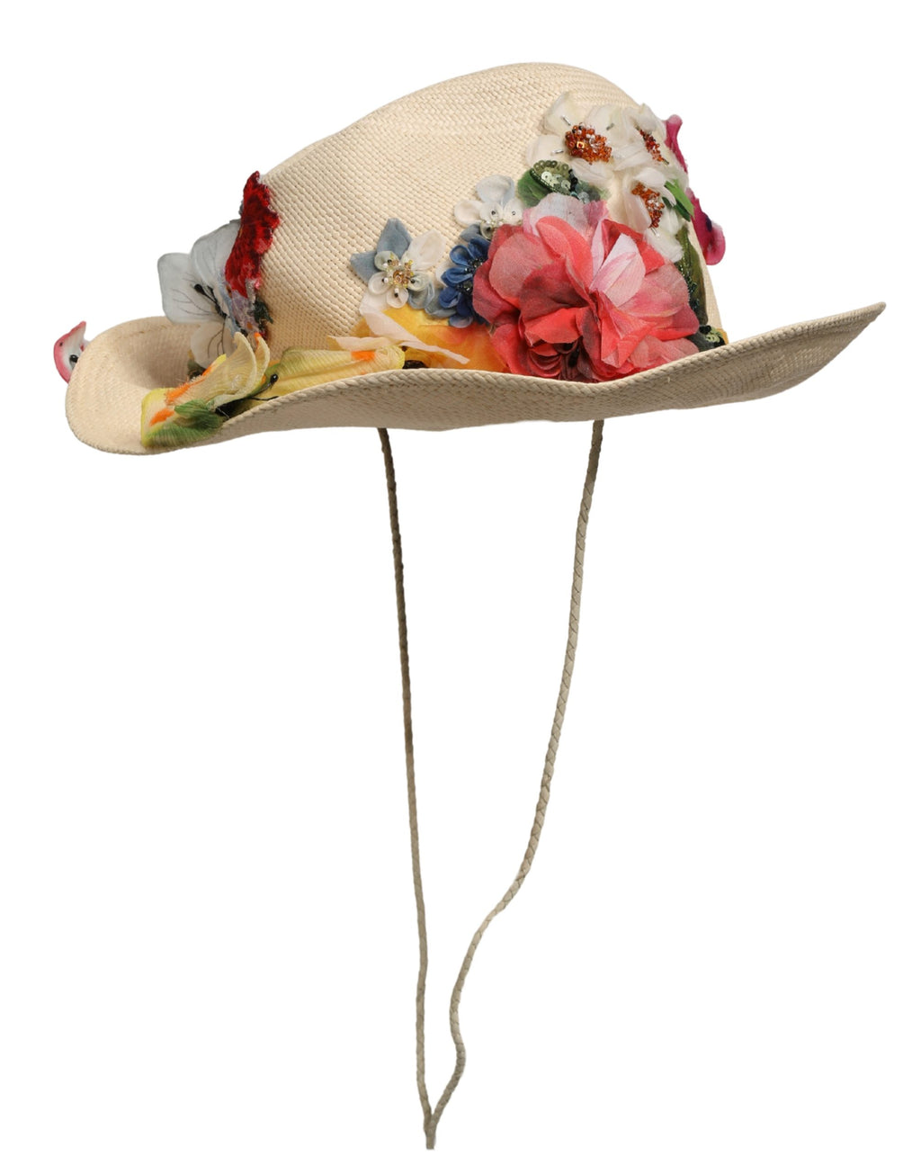 Chapeau Bob en Paille Beige à Appliques Florales Dolce & Gabbana Femme