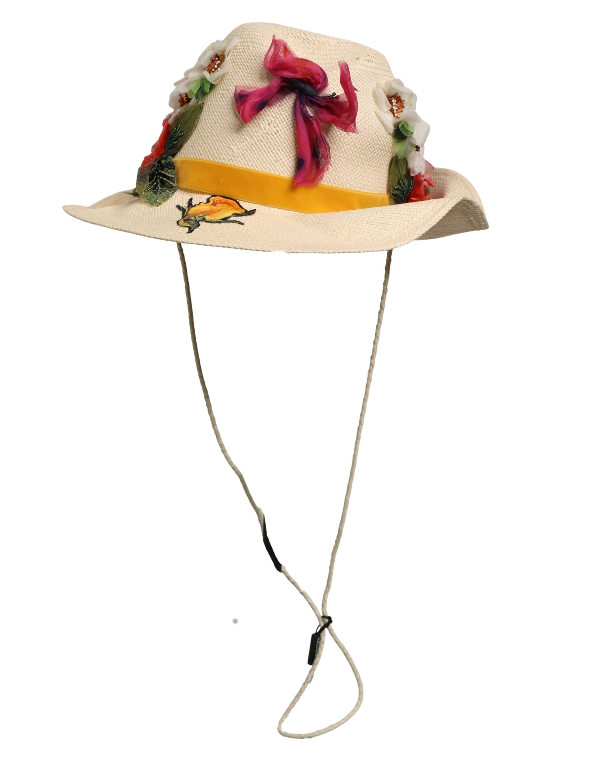 Chapeau Bob en Paille Beige à Appliques Florales Dolce & Gabbana Femme