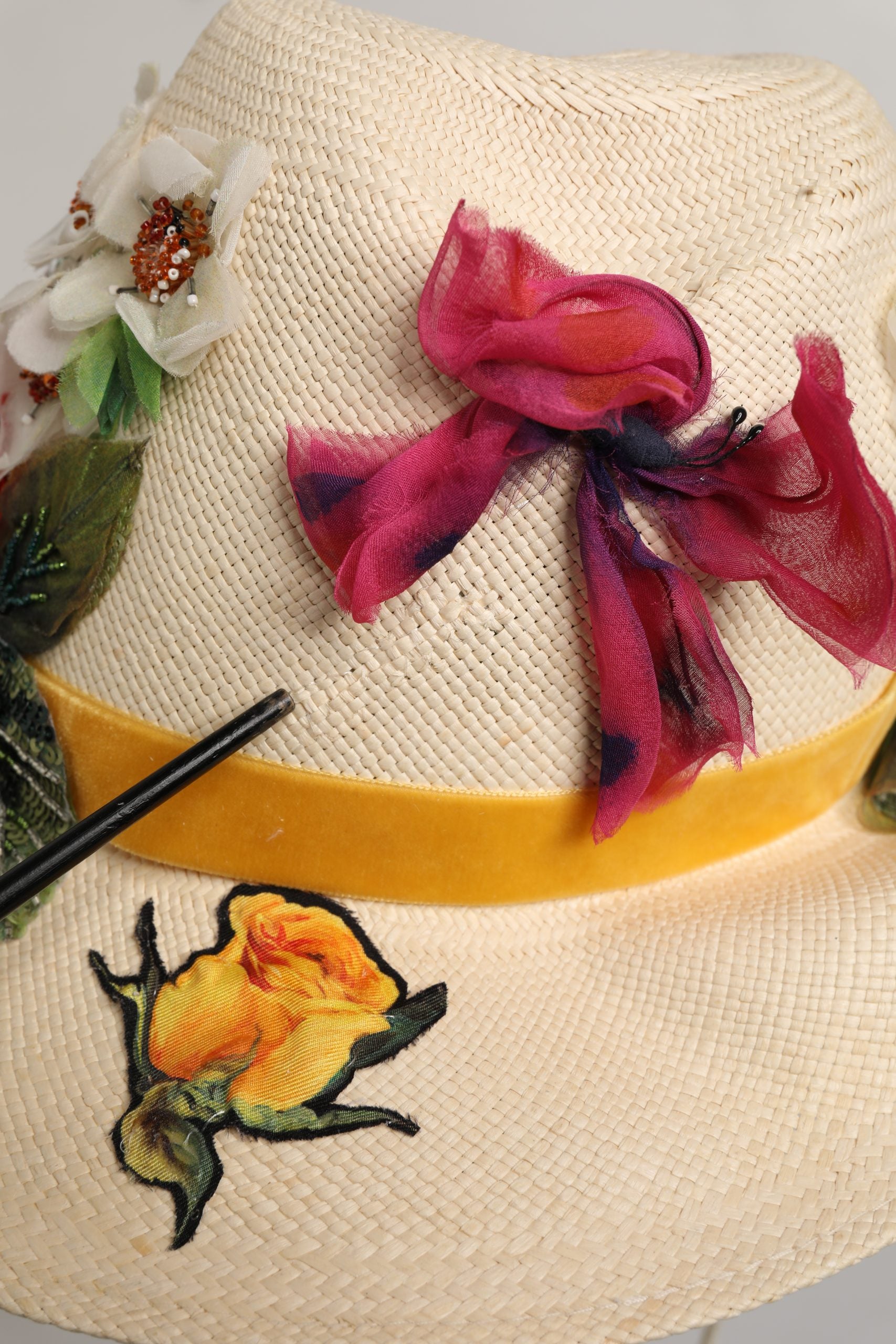 Chapeau Bob en Paille Beige à Appliques Florales Dolce & Gabbana Femme