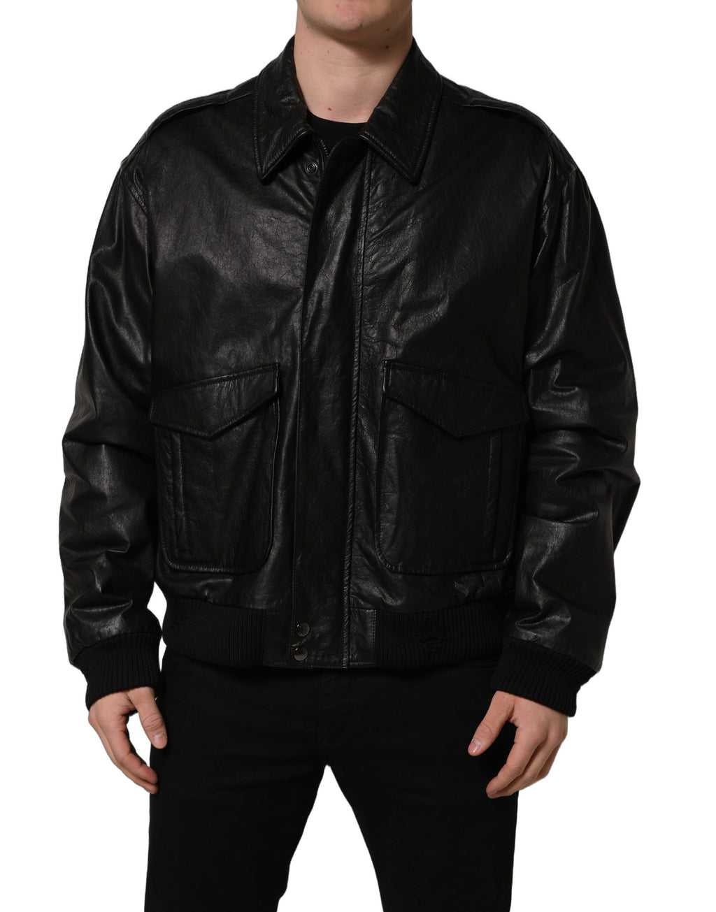 Blouson motard en cuir noir zippé Dolce & Gabbana pour homme