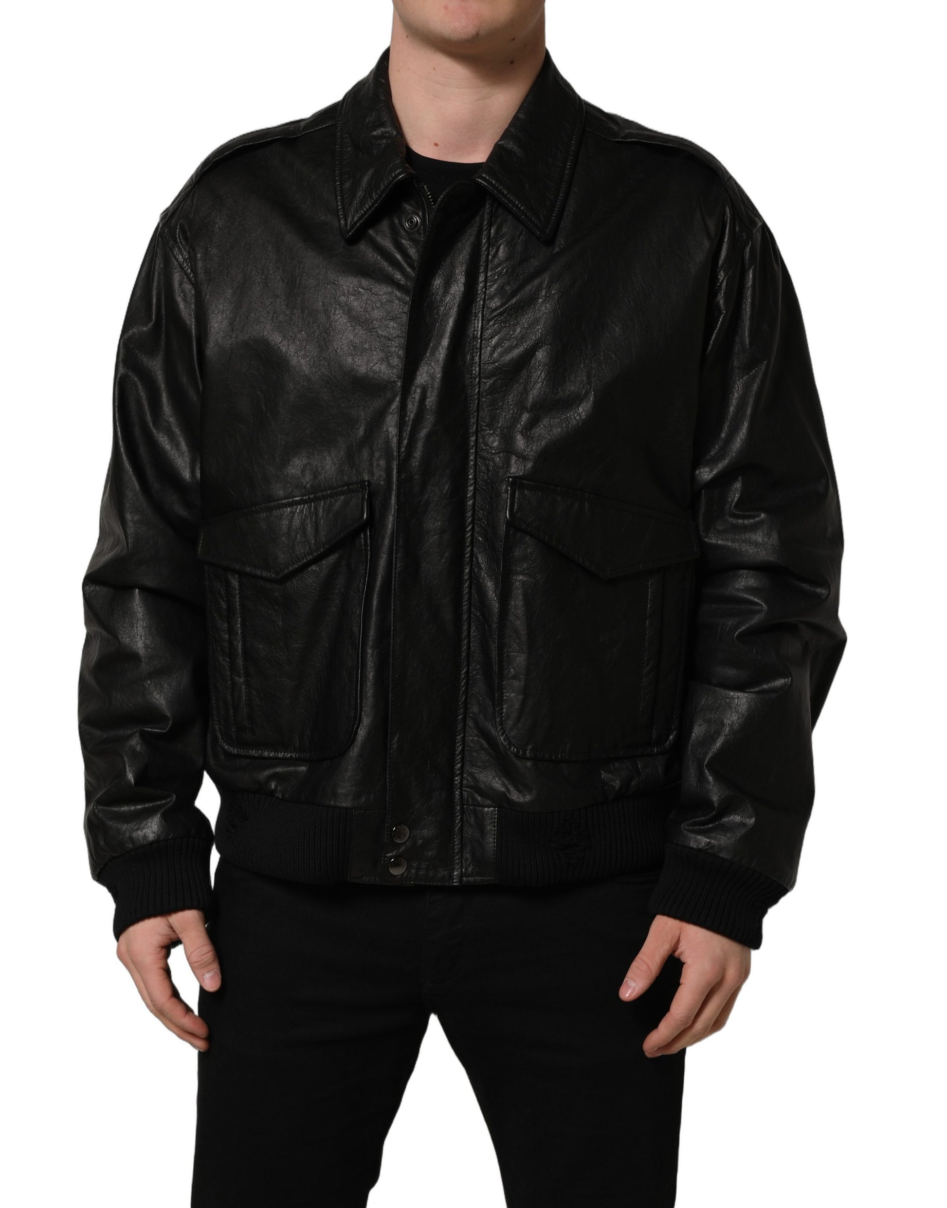 Blouson motard en cuir noir zippé Dolce & Gabbana pour homme