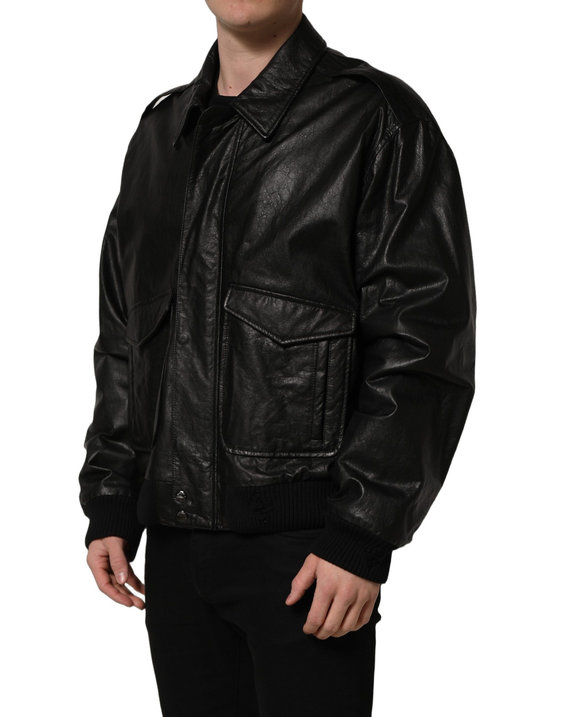 Blouson motard en cuir noir zippé Dolce & Gabbana pour homme