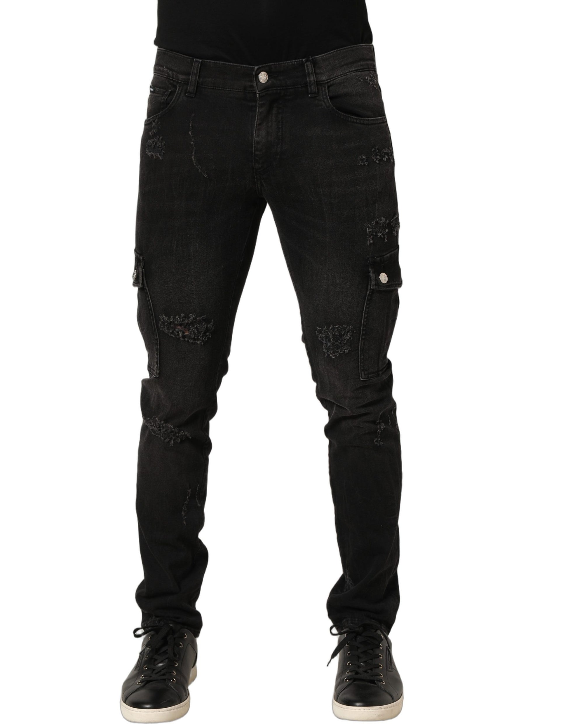 Jean en denim Dolce & Gabbana noir avec effet vieilli et poches cargo pour homme