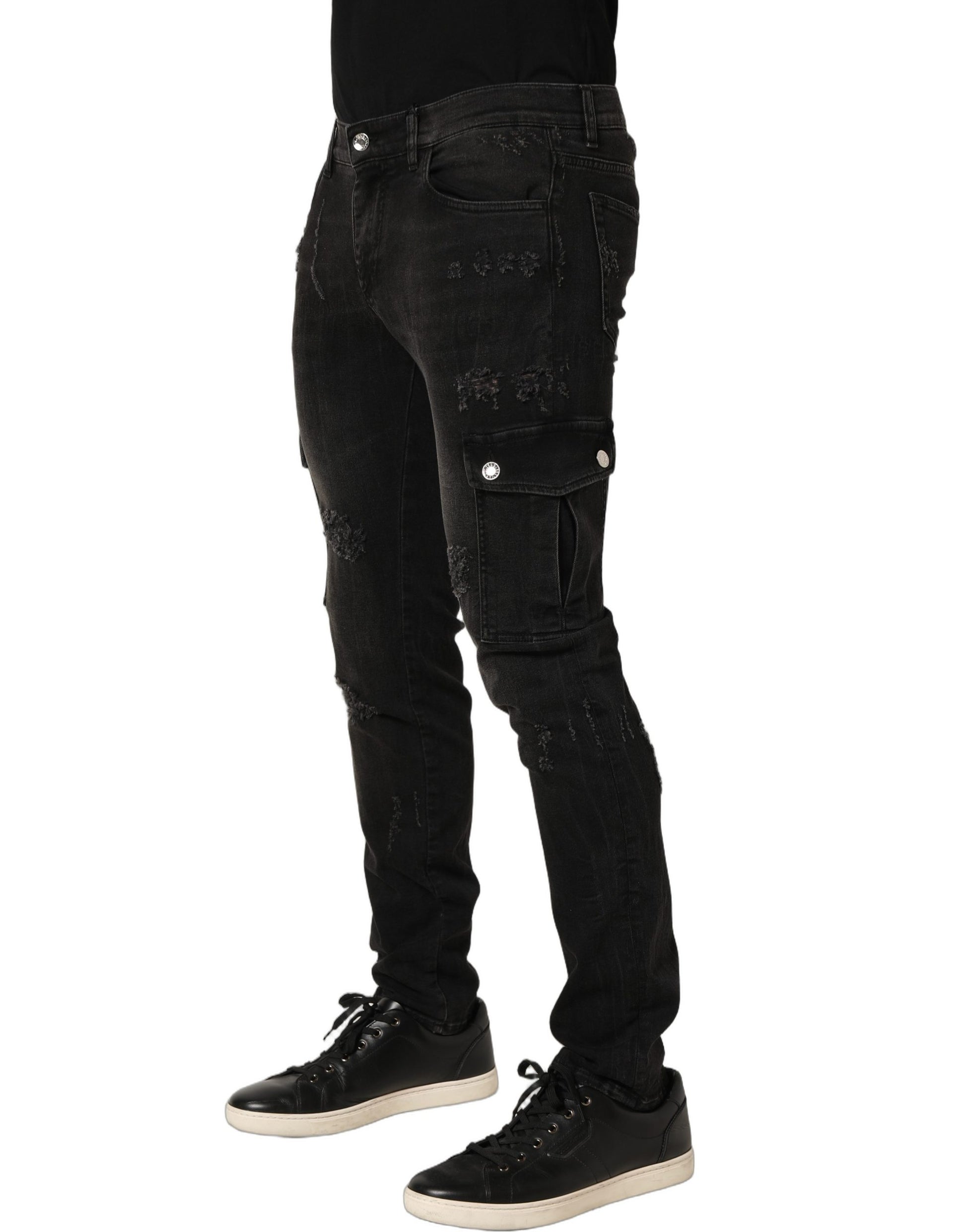 Jean en denim Dolce & Gabbana noir avec effet vieilli et poches cargo pour homme