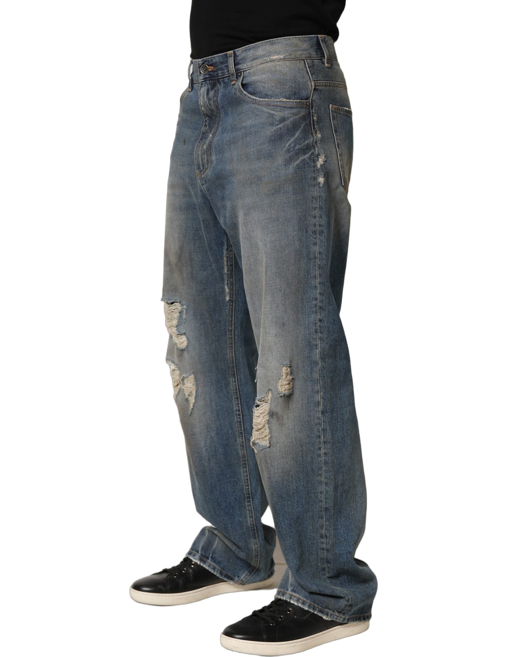 Dolce & Gabbana Blue Cotton Distressed Straight Denim Jeans