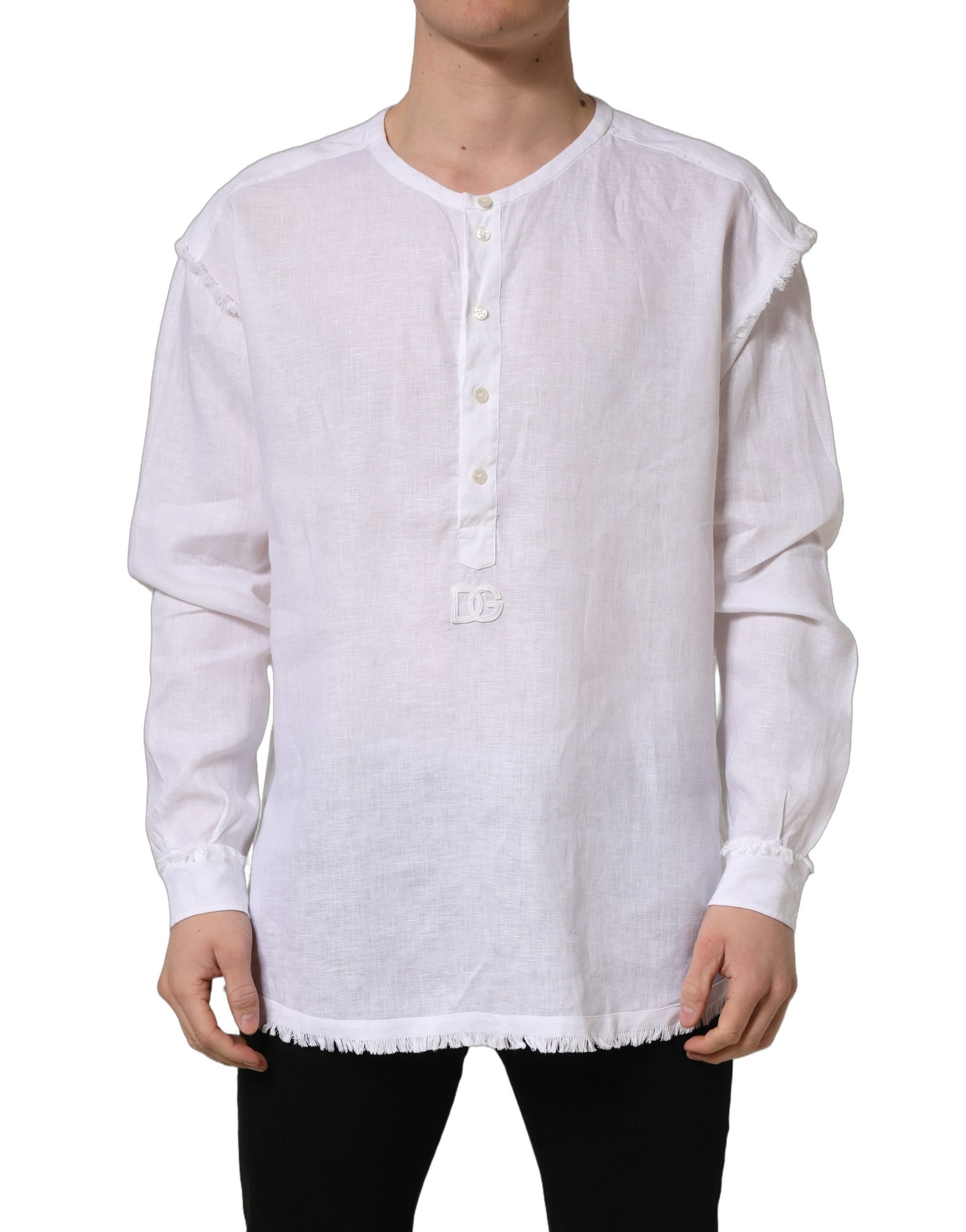 Chemise décontractée à manches longues en lin blanc avec logo Dolce & Gabbana