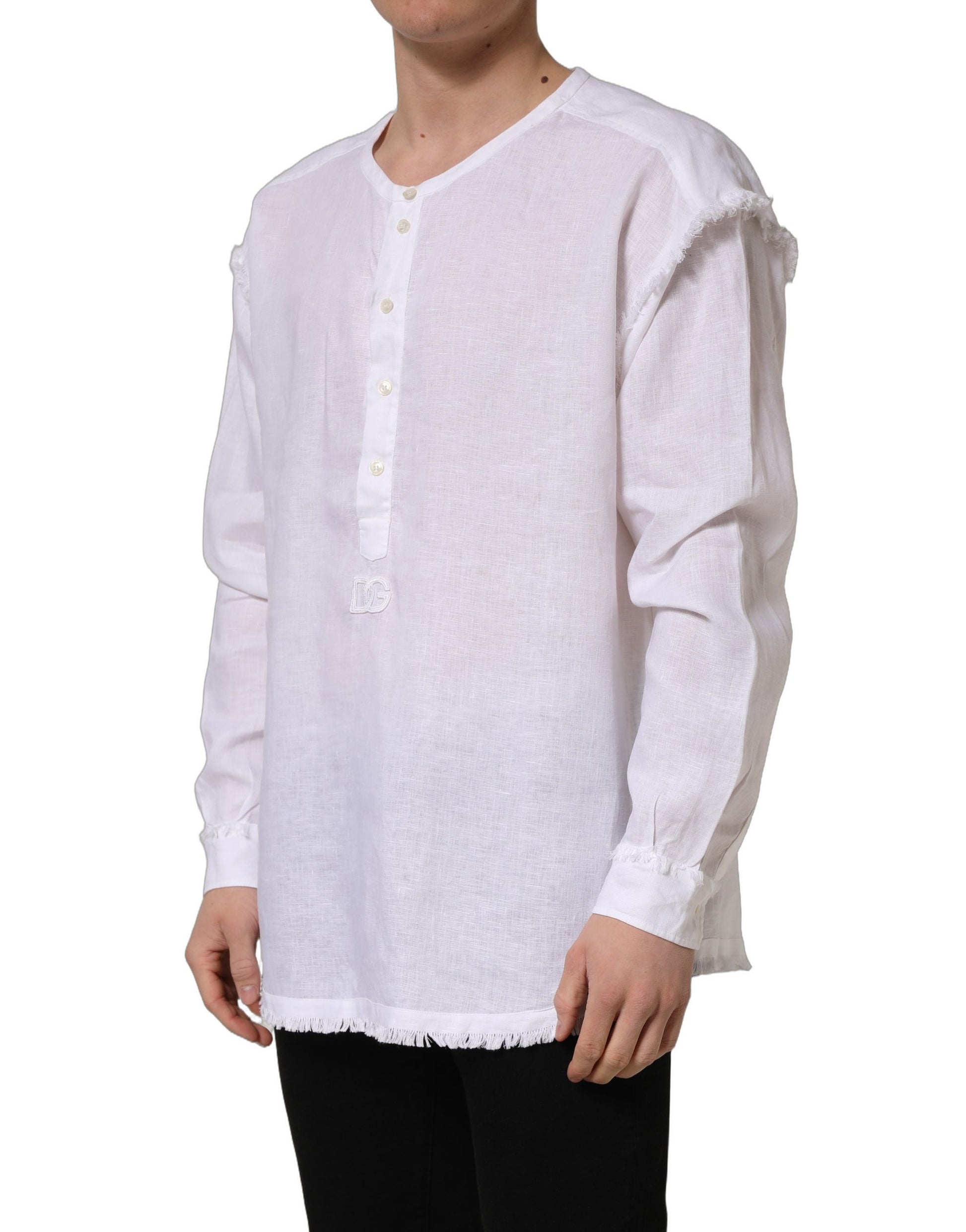Chemise décontractée à manches longues en lin blanc avec logo Dolce & Gabbana