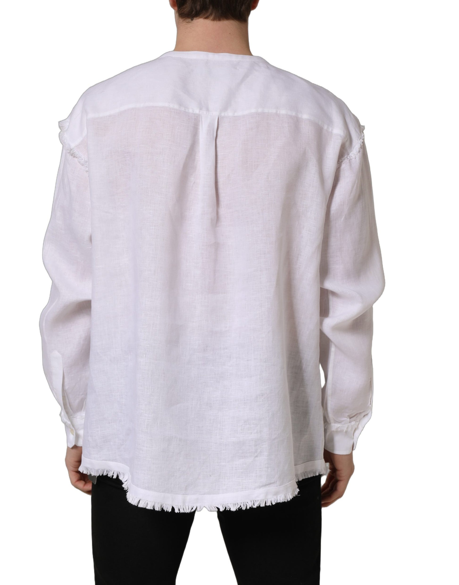 Chemise décontractée à manches longues en lin blanc avec logo Dolce & Gabbana