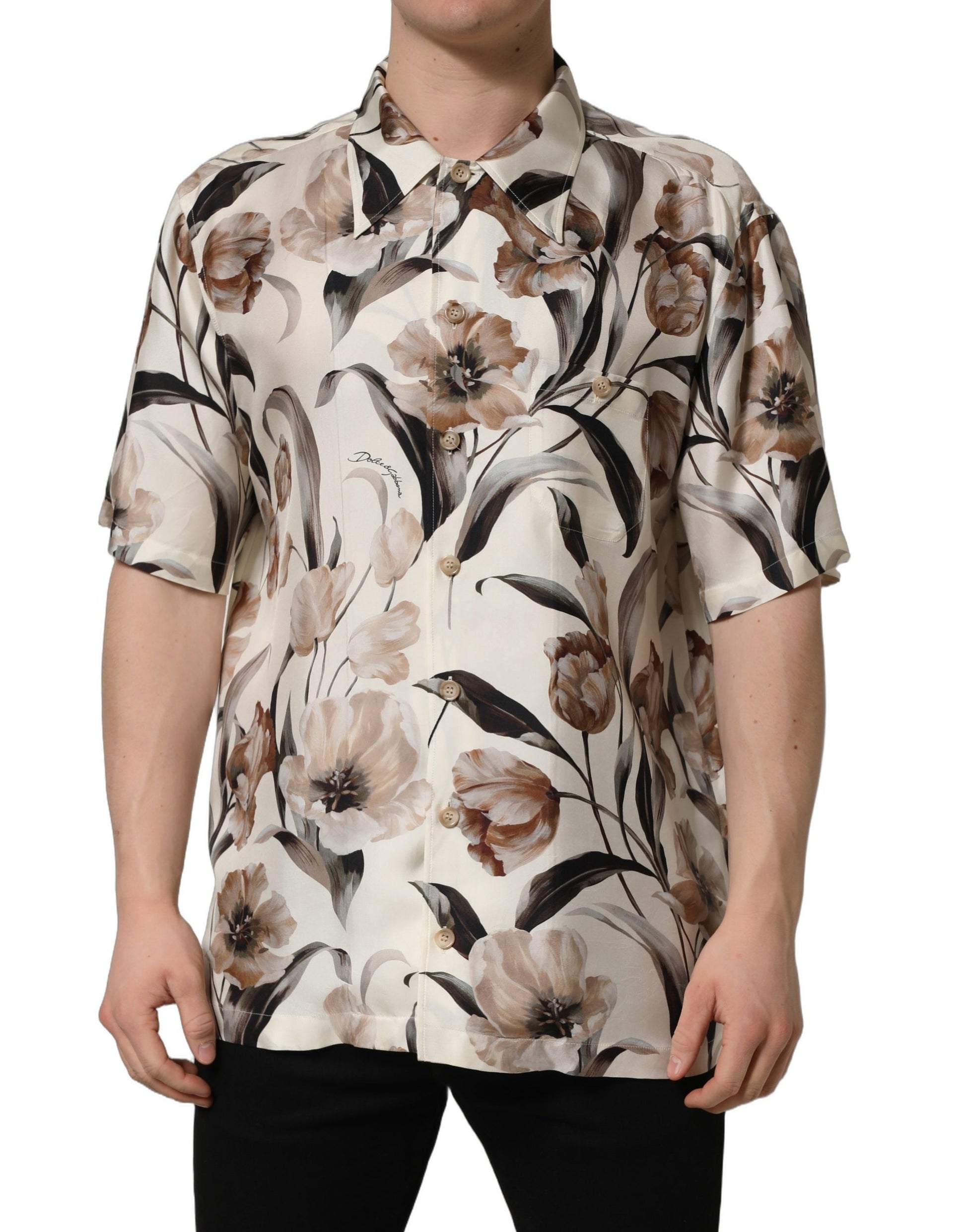 Chemise Dolce & Gabbana à manches courtes en soie à imprimé tulipes beiges