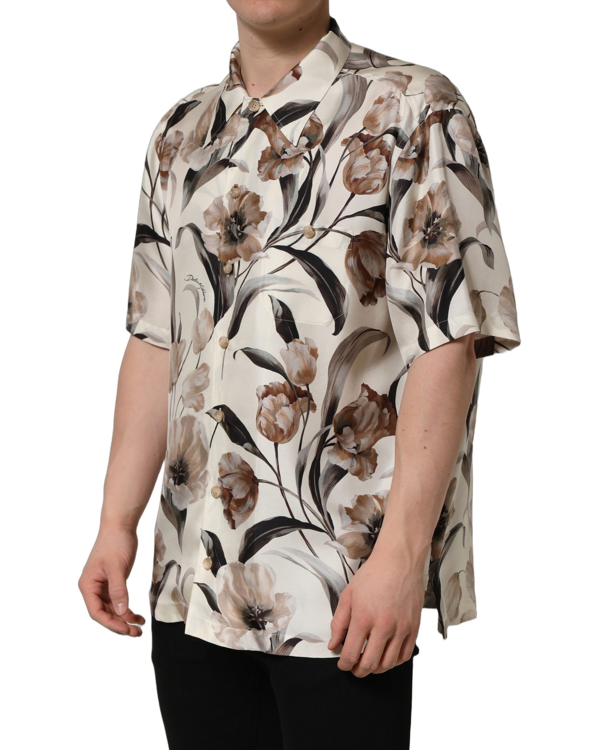 Chemise Dolce & Gabbana à manches courtes en soie à imprimé tulipes beiges