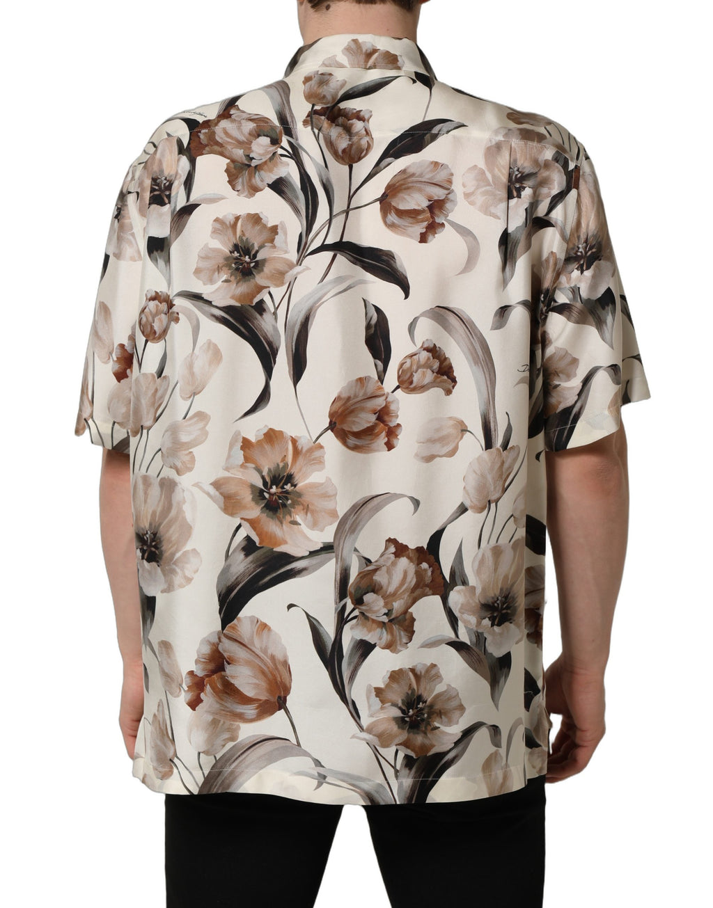 Chemise Dolce & Gabbana à manches courtes en soie à imprimé tulipes beiges