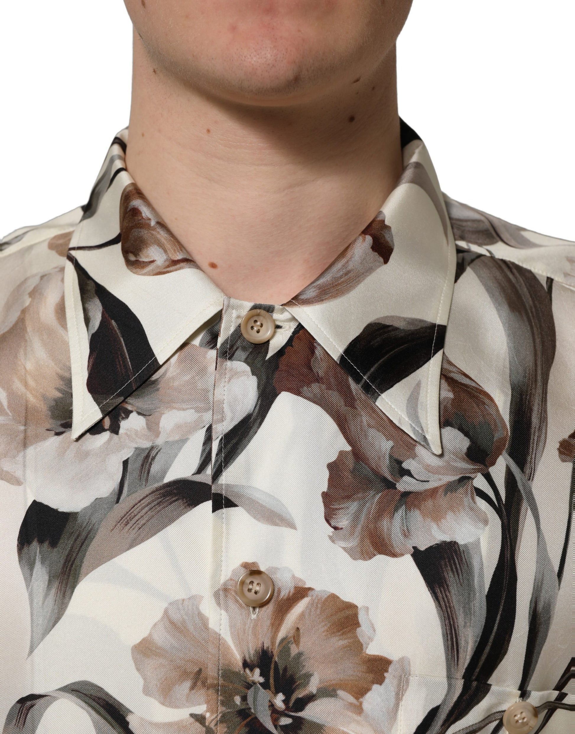 Chemise Dolce & Gabbana à manches courtes en soie à imprimé tulipes beiges