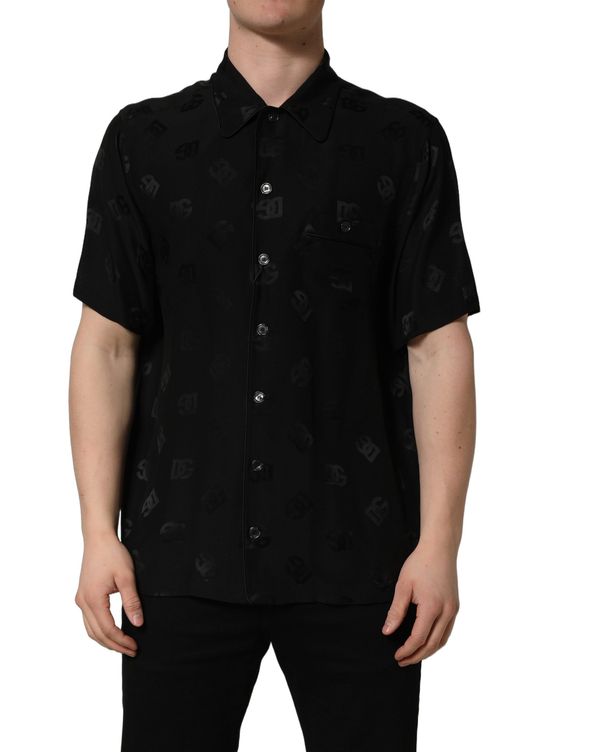 Chemise homme Dolce & Gabbana noire à manches courtes monogramme logo