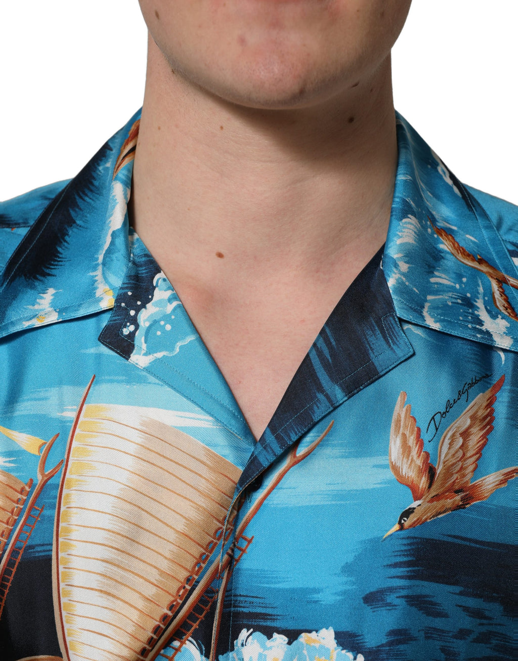 Chemise Hawaïenne en Sergé de Soie Bleue Imprimé Graphique Dolce & Gabbana