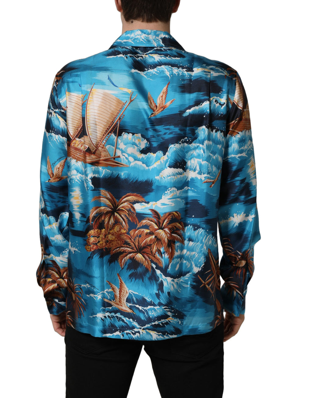 Chemise Hawaïenne en Sergé de Soie Bleue Imprimé Graphique Dolce & Gabbana