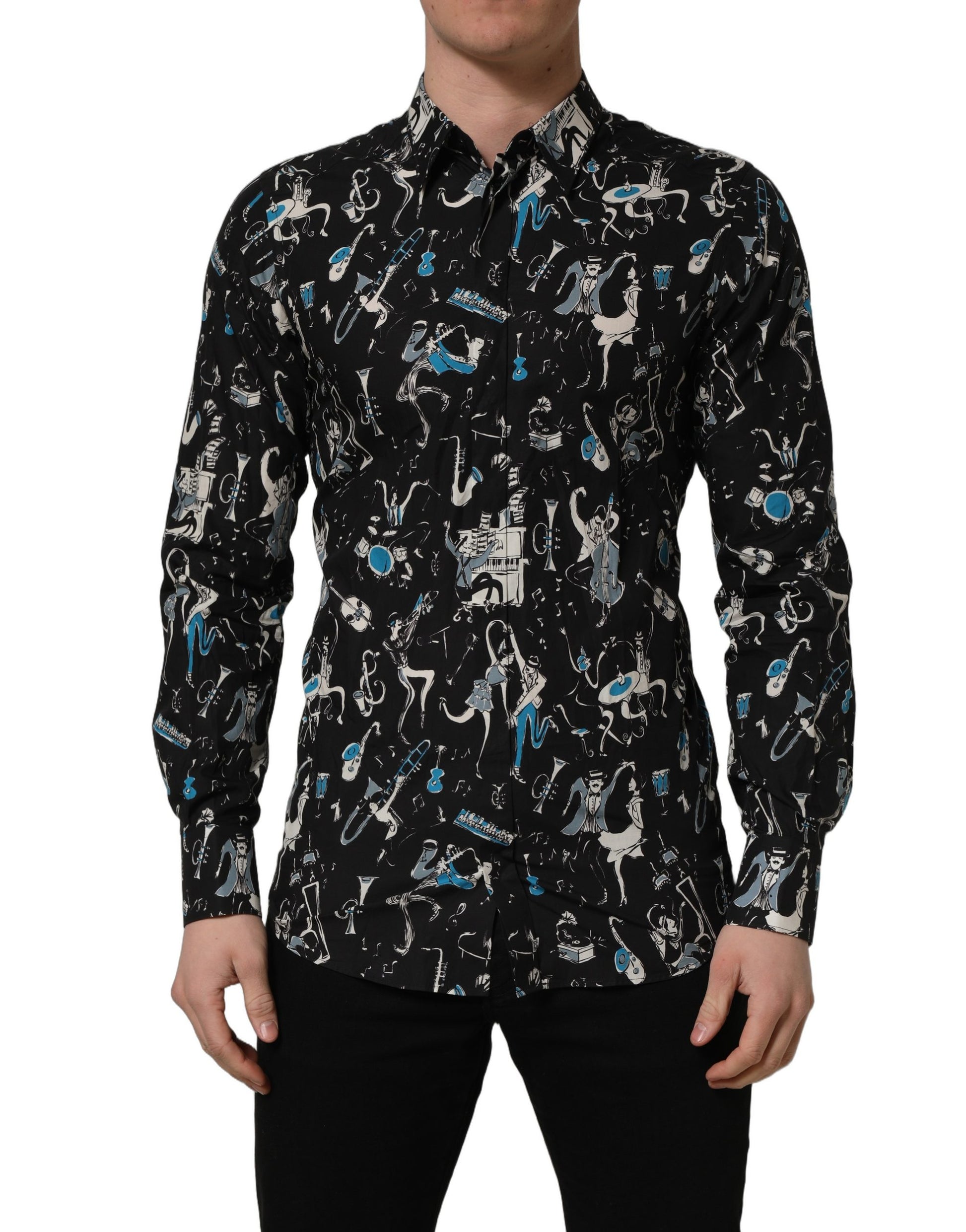 Chemise habillée Dolce & Gabbana en coton noir coupe GOLD, motif Jazz Club