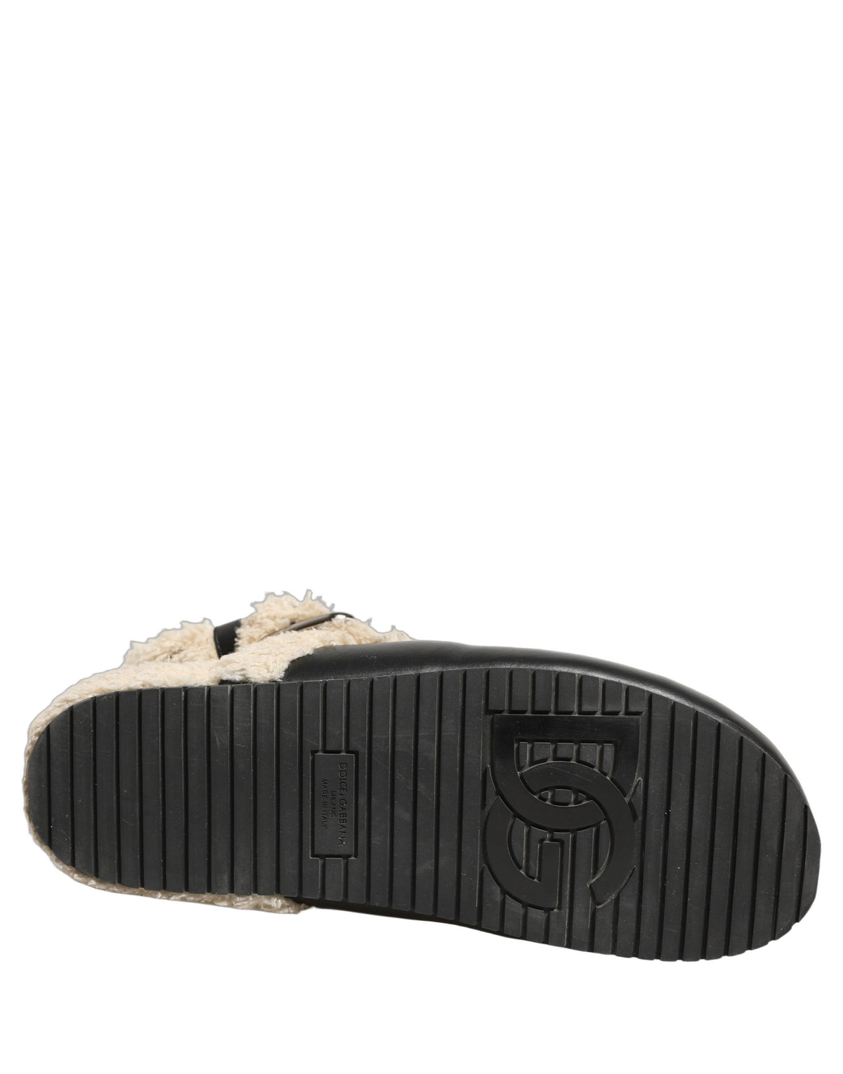 Dolce & Gabbana Beige Schwarz Pelz Shearling Slides Sandalen Schuhe