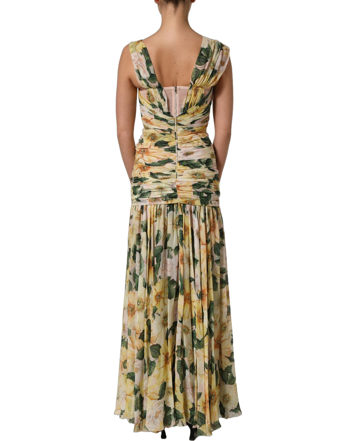 Dolce & Gabbana Gelbes Seidenplisseekleid mit Blumenprint