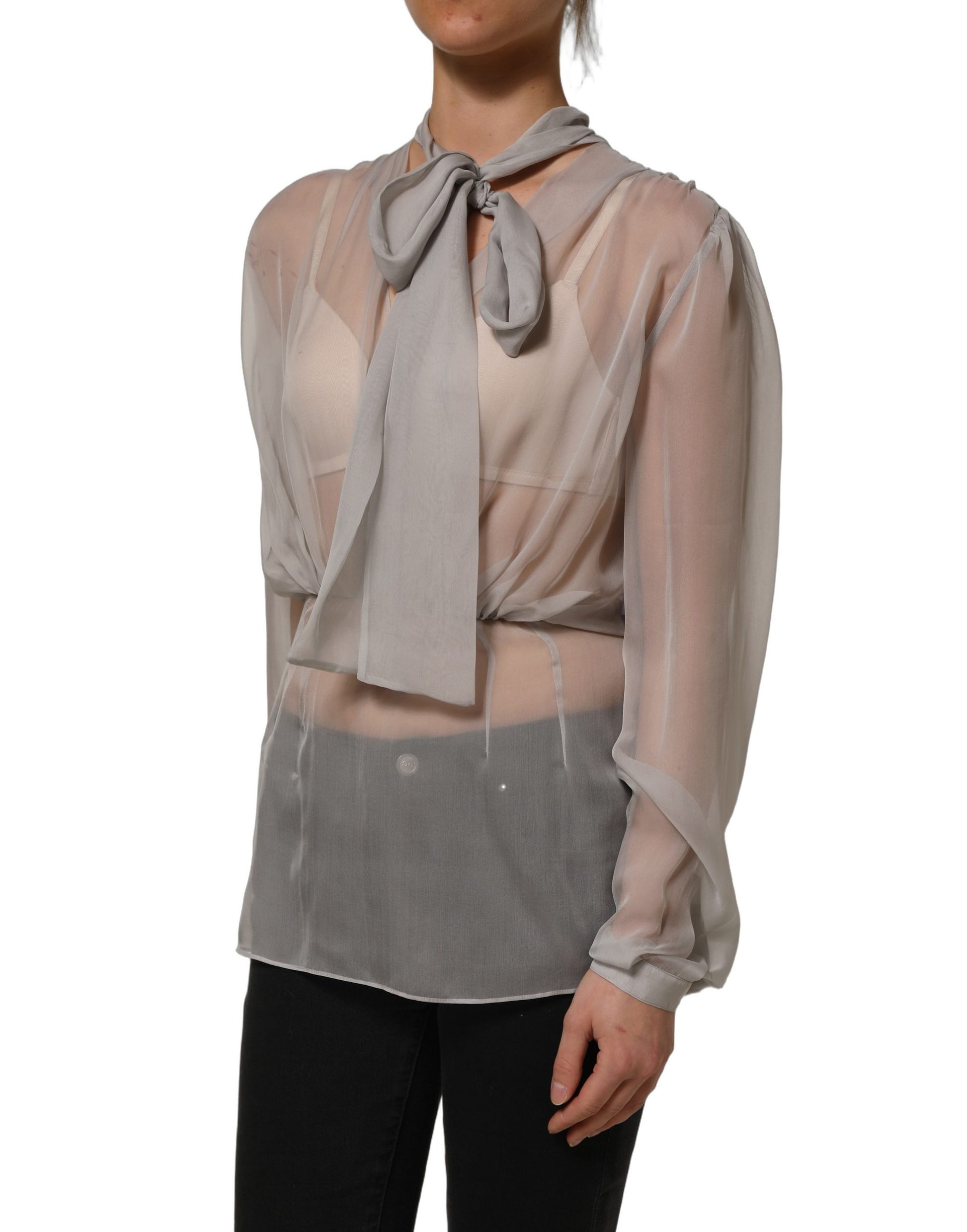 Dolce & Gabbana Gray Sheer Silk Chiffon Shirt Bow Collar Top