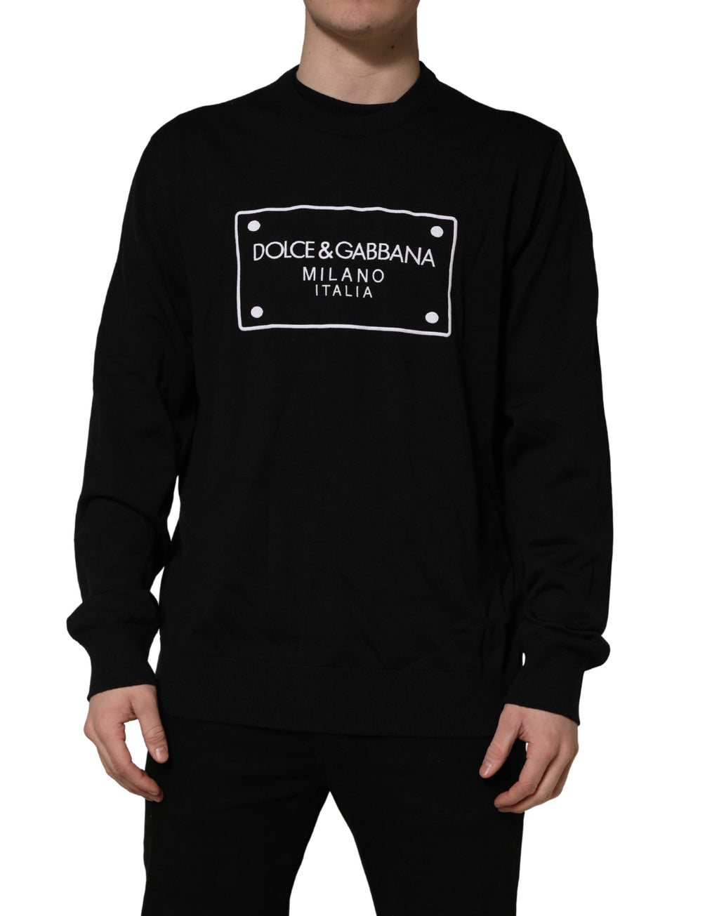 Dolce & Gabbana Black Graphic Logo Crew Neck Wool Pullover Sweater