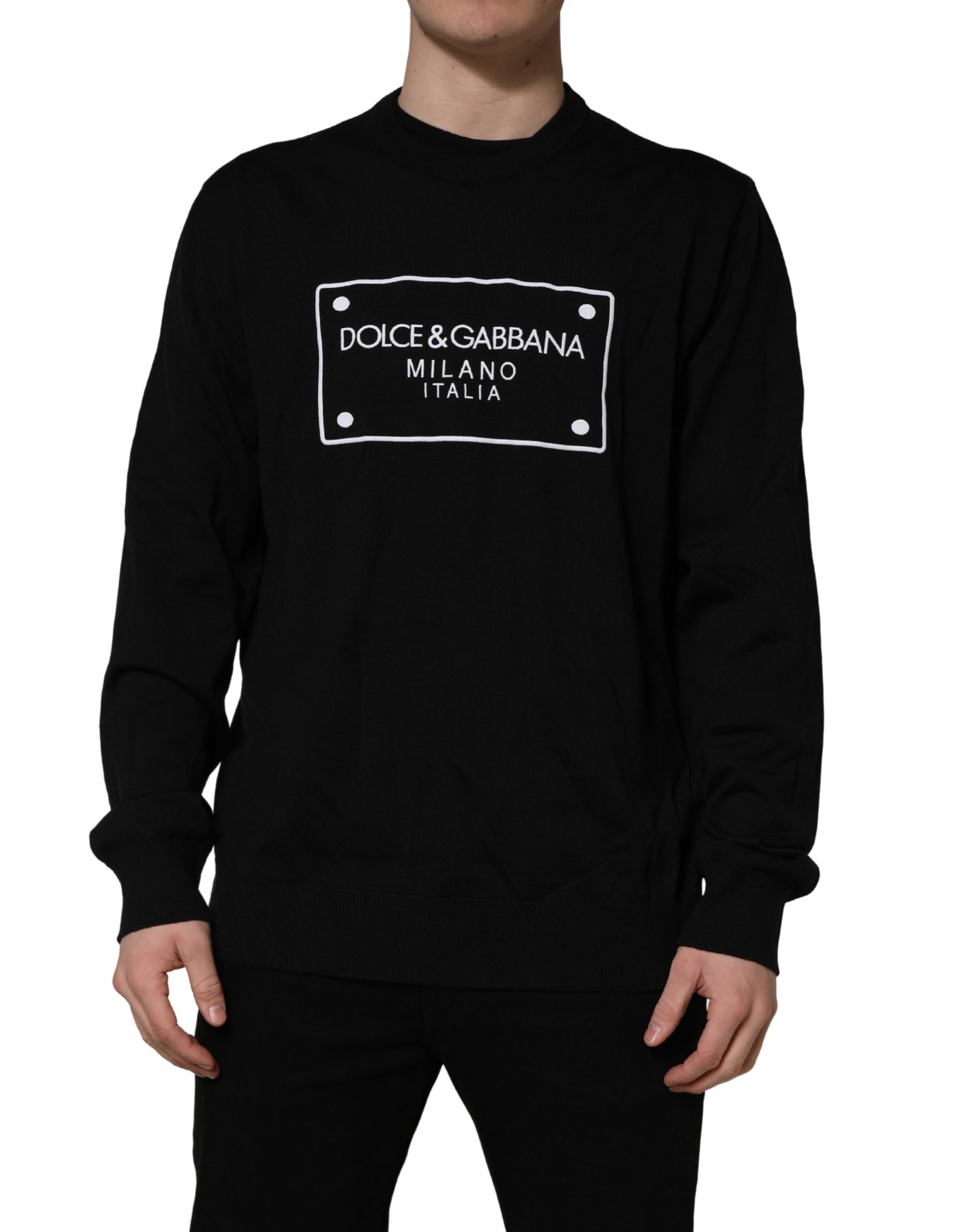 Dolce & Gabbana Black Graphic Logo Crew Neck Wool Pullover Sweater