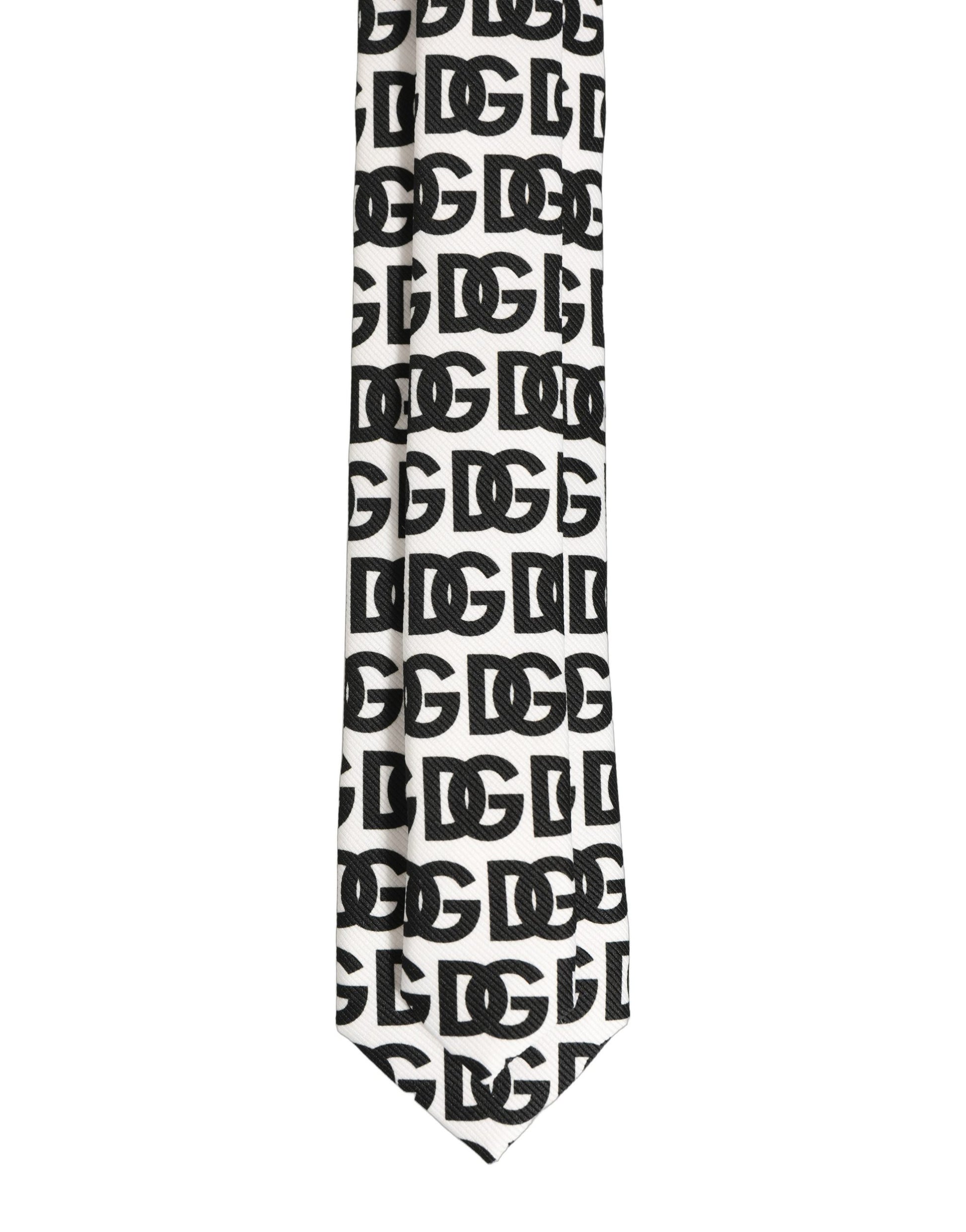 Dolce & Gabbana White Black Logo Monogram Wide Adjustable Men Necktie Tie